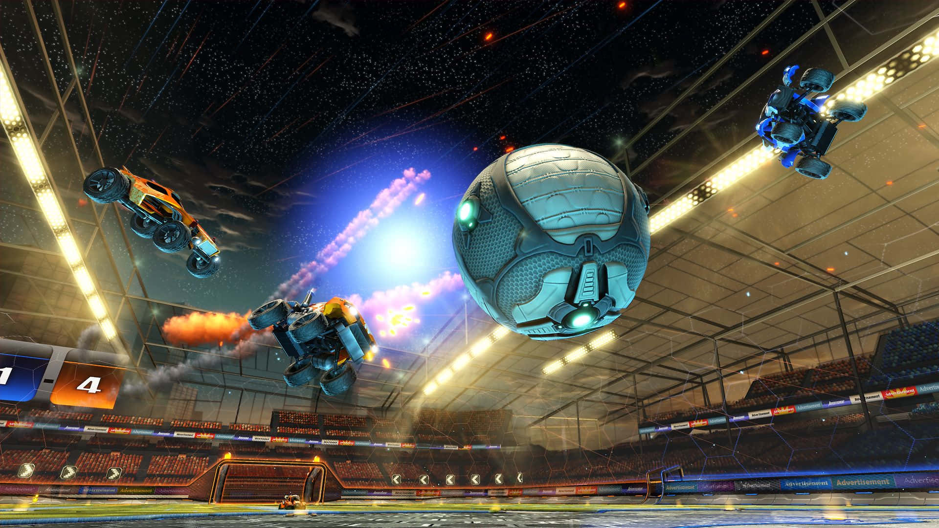 Rocket League Desktop, futuristic rocket-powered cars, starry arena, Full HD Desktop Wallpaper