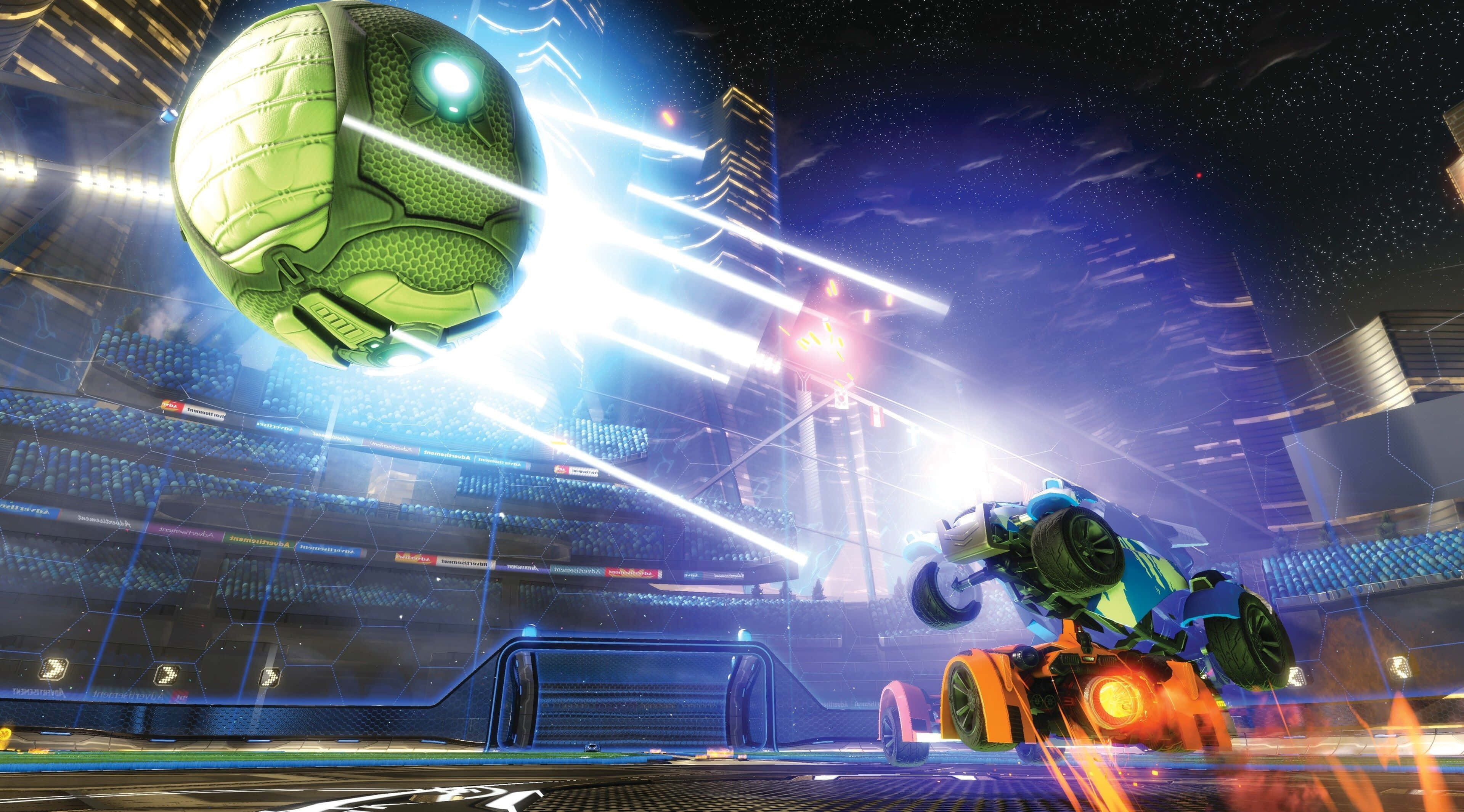 Rocket League Desktop, glowing green soccer ball, futuristic stadium, 4K Desktop Wallpaper