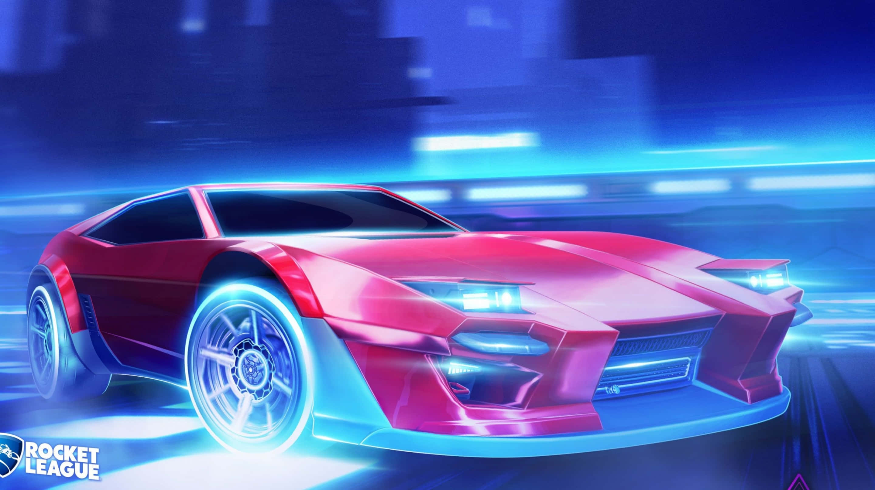 Rocket League Desktop, glowing red sports car, blue neon accents, 2K Desktop Wallpaper