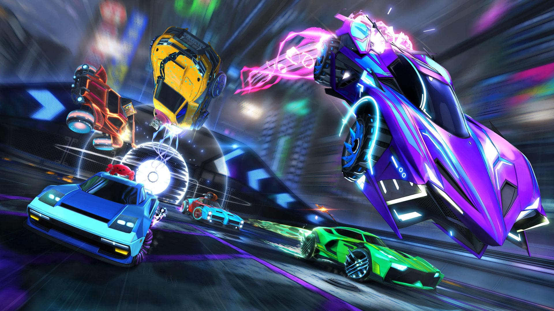 Rocket League, neon-lit racing cars, glowing trails, Full HD Desktop Wallpaper
