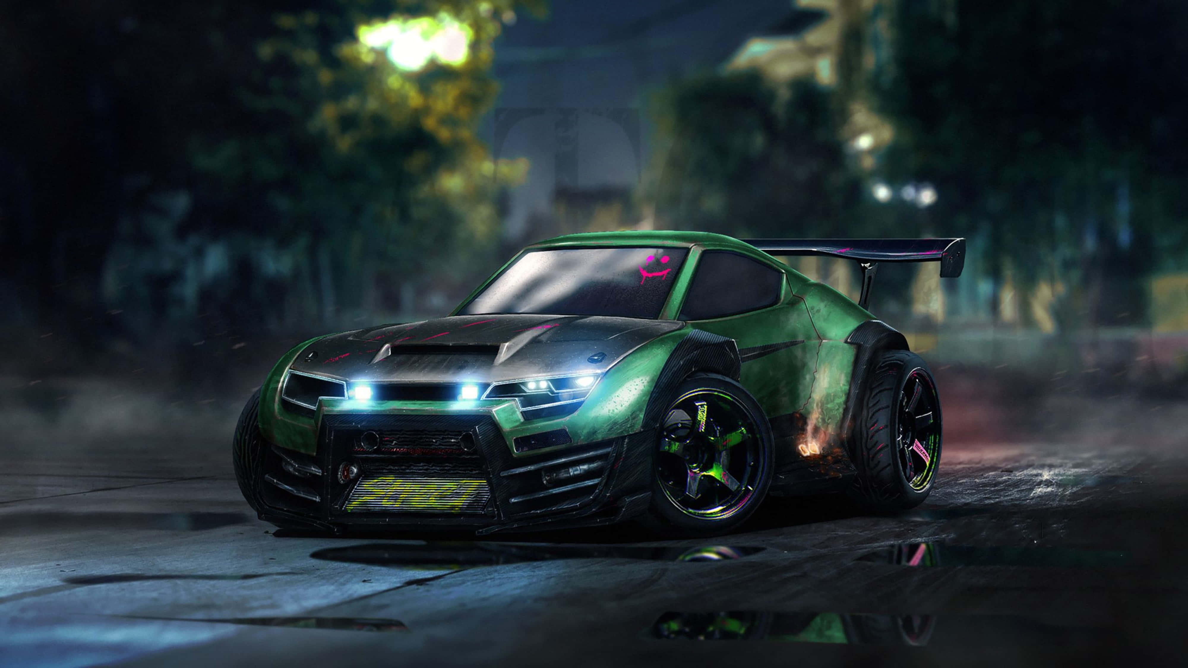 Rocket League, neon green, glowing headlights, 4K Desktop Wallpaper