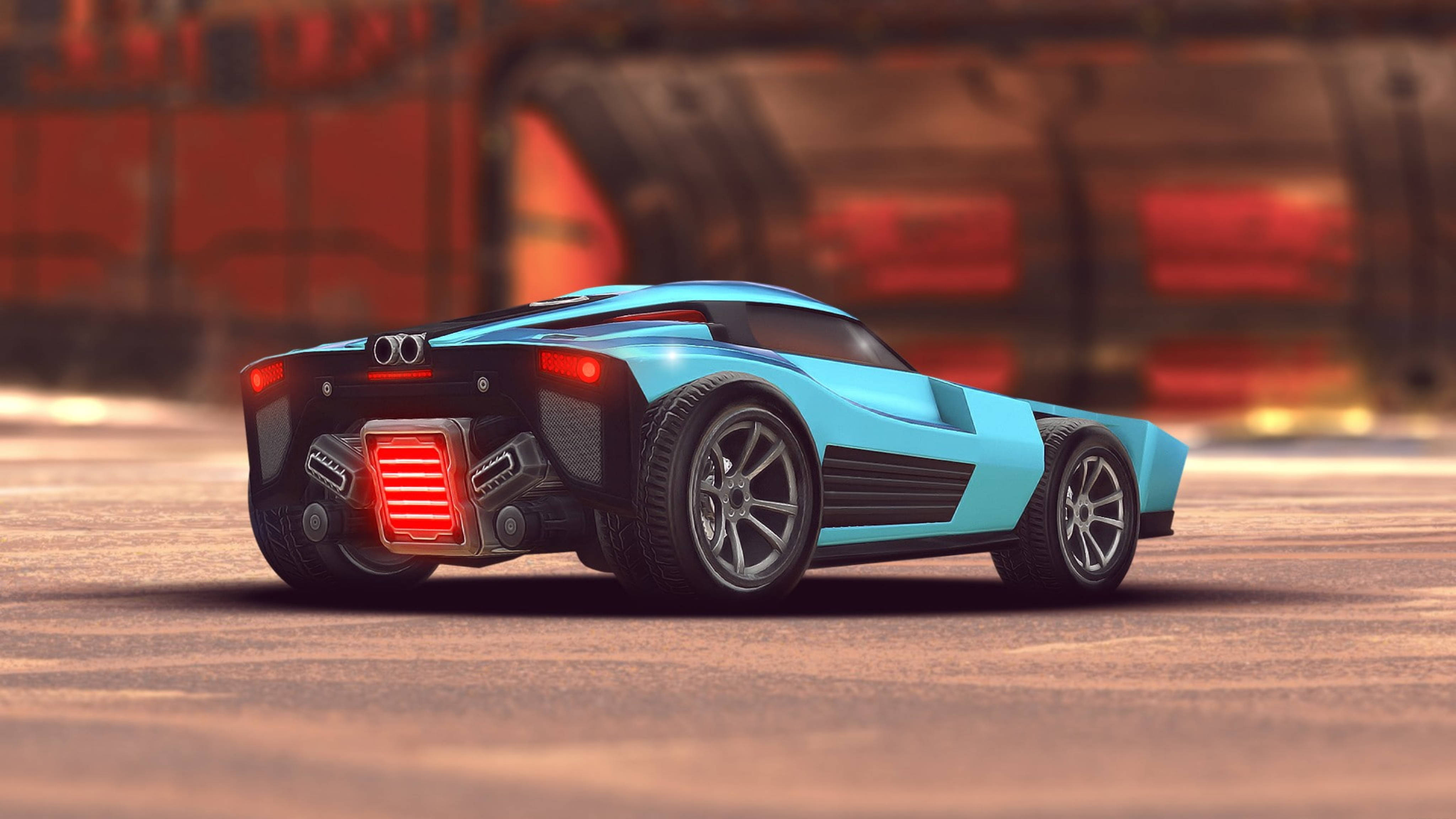 Rocket League HD, light blue car, glowing red taillights, 4K Desktop Wallpaper