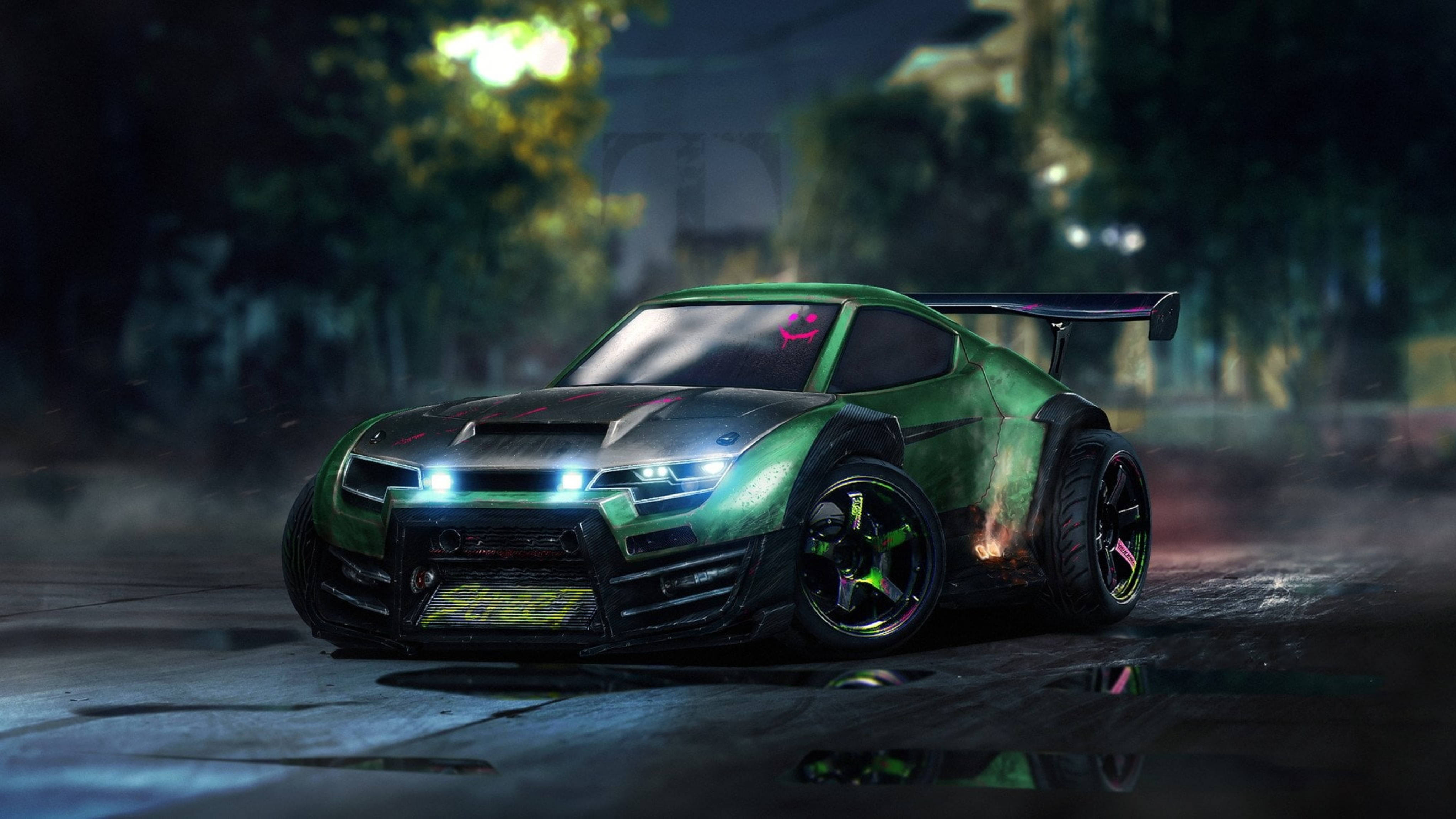 Rocket League HD, grimy green car, neon lights, 4K Desktop Wallpaper