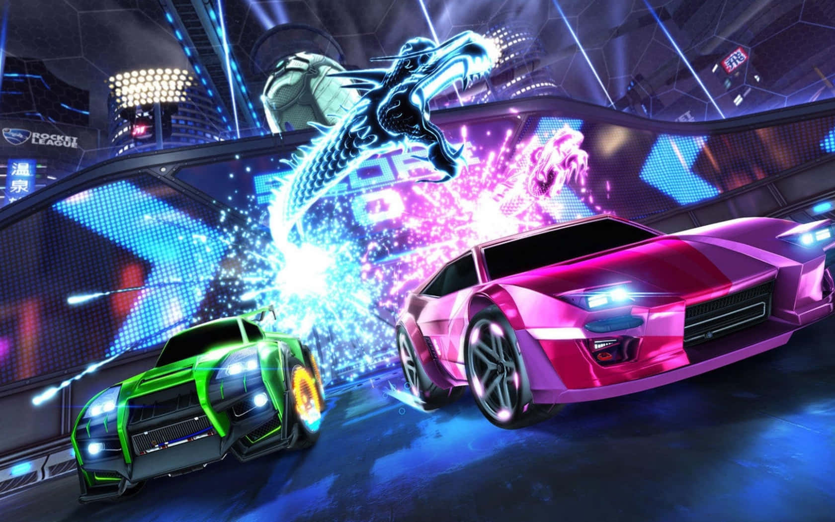 Rocket League, neon sports cars, futuristic arena, HD Desktop Wallpaper