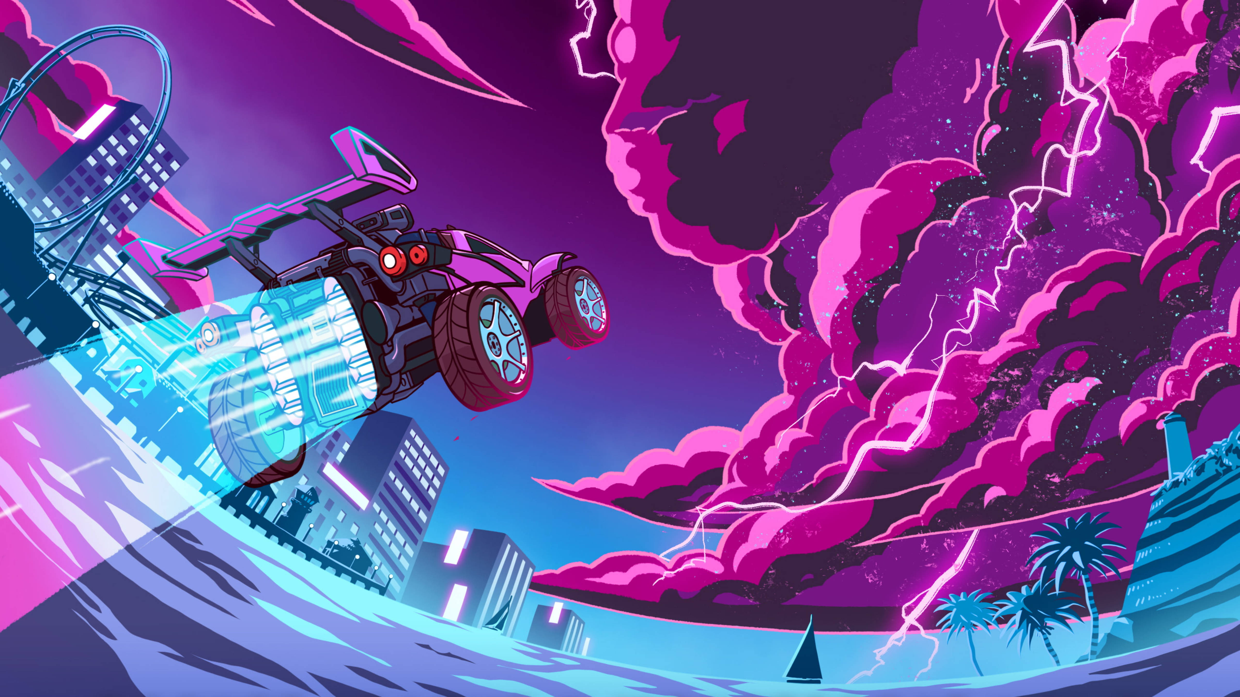 Rocket League HD, neon pink, glowing blue thrusters, 5K Desktop Wallpaper