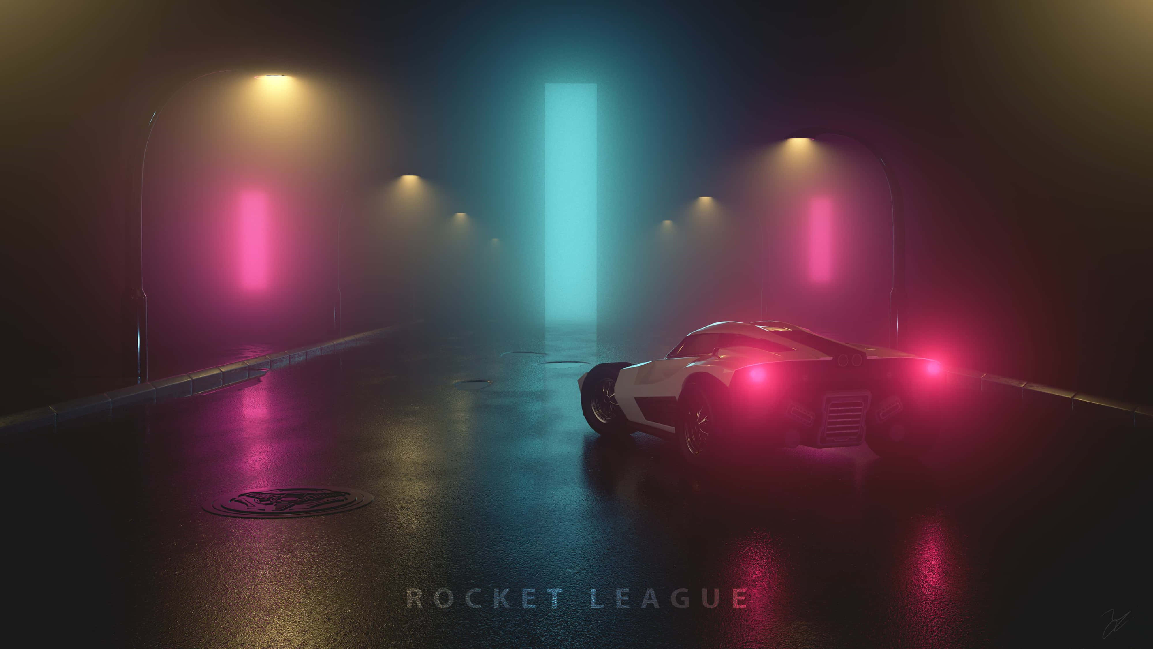 Rocket League, neon-lit tunnel road, red taillights, 4K Desktop Wallpaper