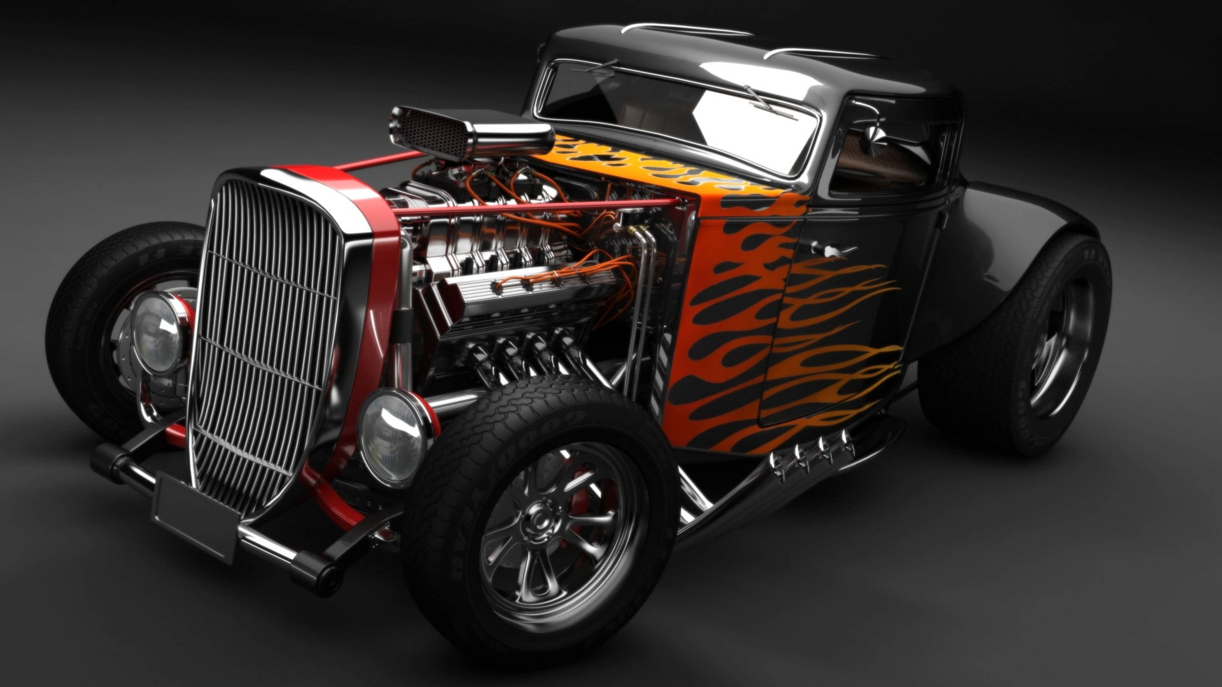 Rocket League HD, flame decal, black hot rod, 4K Desktop Wallpaper