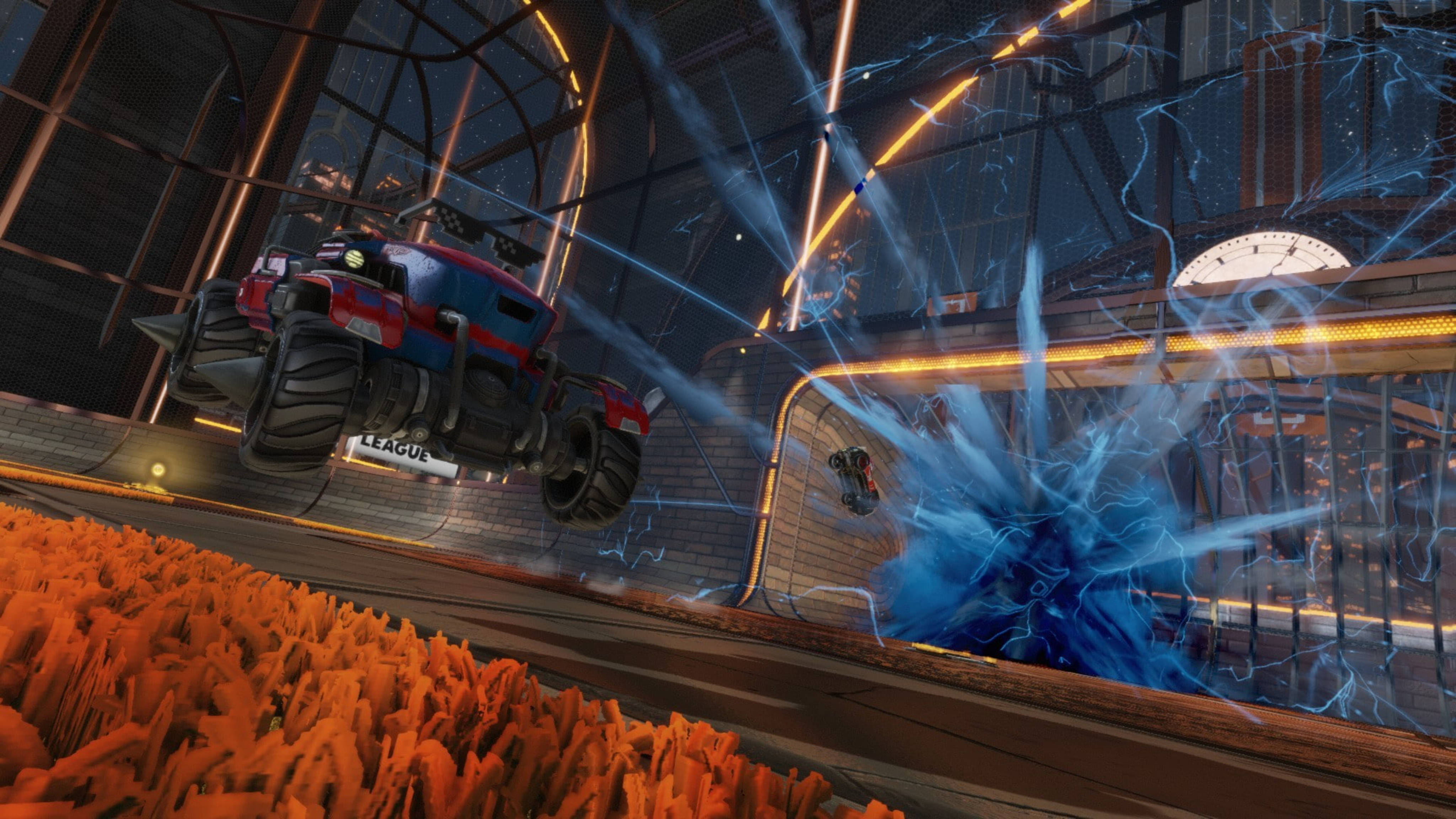 Rocket League HD, red and blue rocket-powered monster truck, orange spiky terrain, 4K Desktop Wallpaper