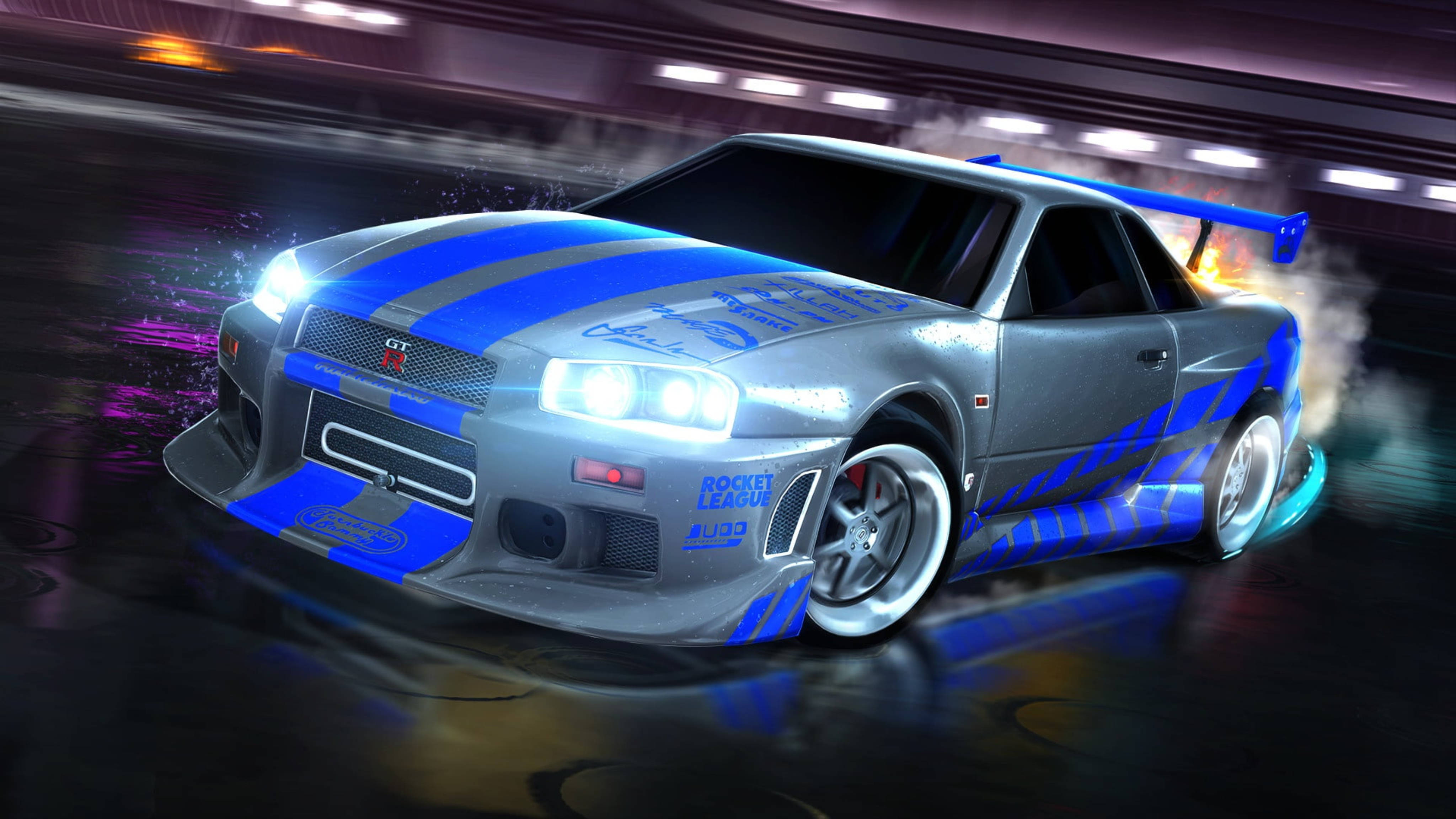 Rocket League HD, silver car, glowing headlights, 4K Desktop Wallpaper