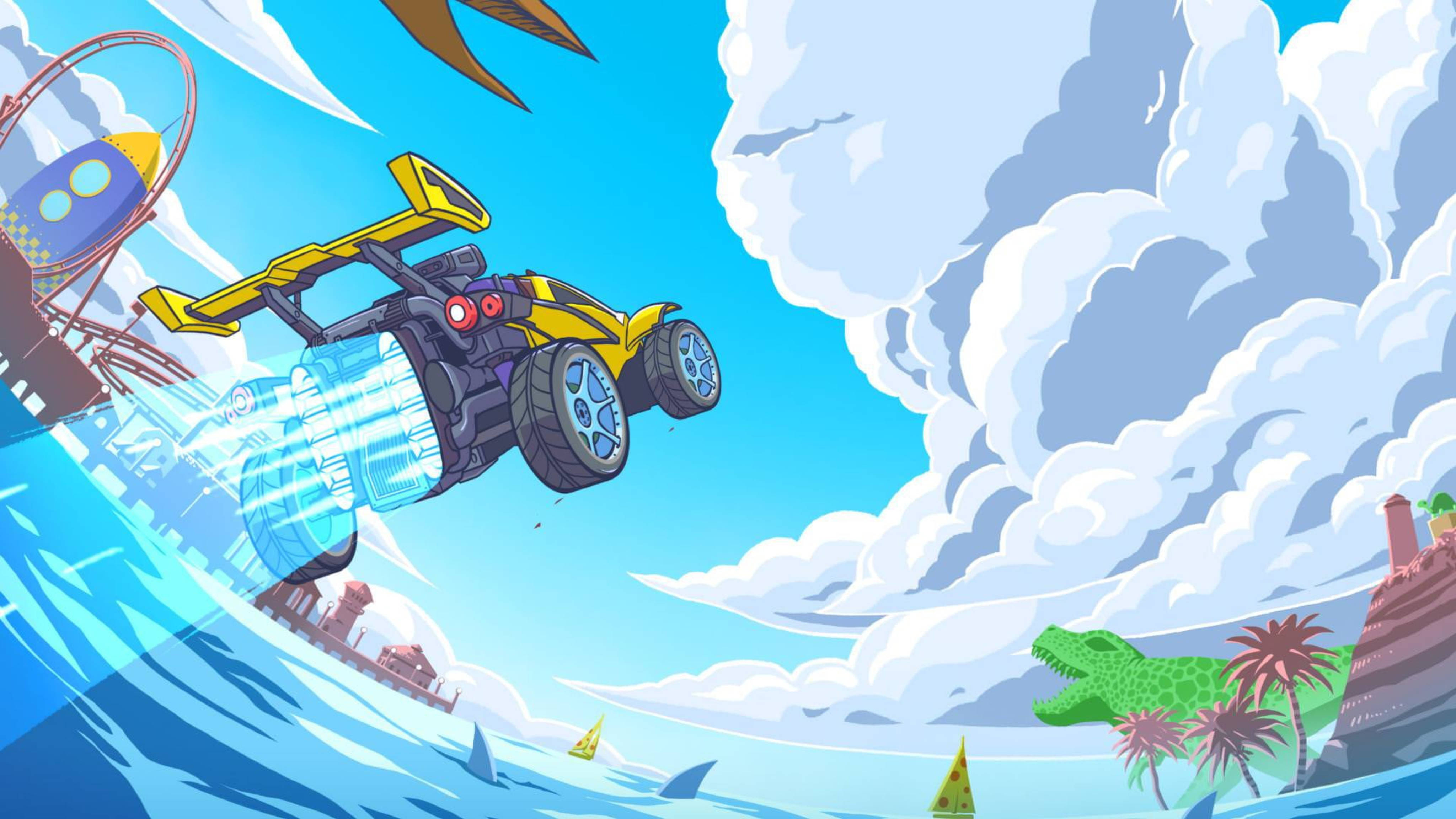 Rocket League HD, yellow race car, bright blue sky, 4K Desktop Wallpaper