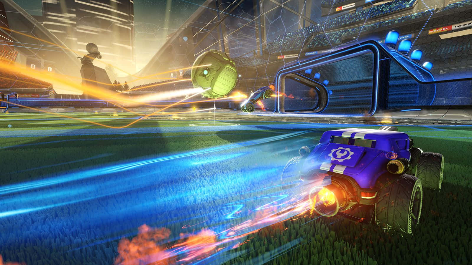 Rocket League, purple rocket-powered kart, glowing futuristic stadium track, HD Desktop Wallpaper
