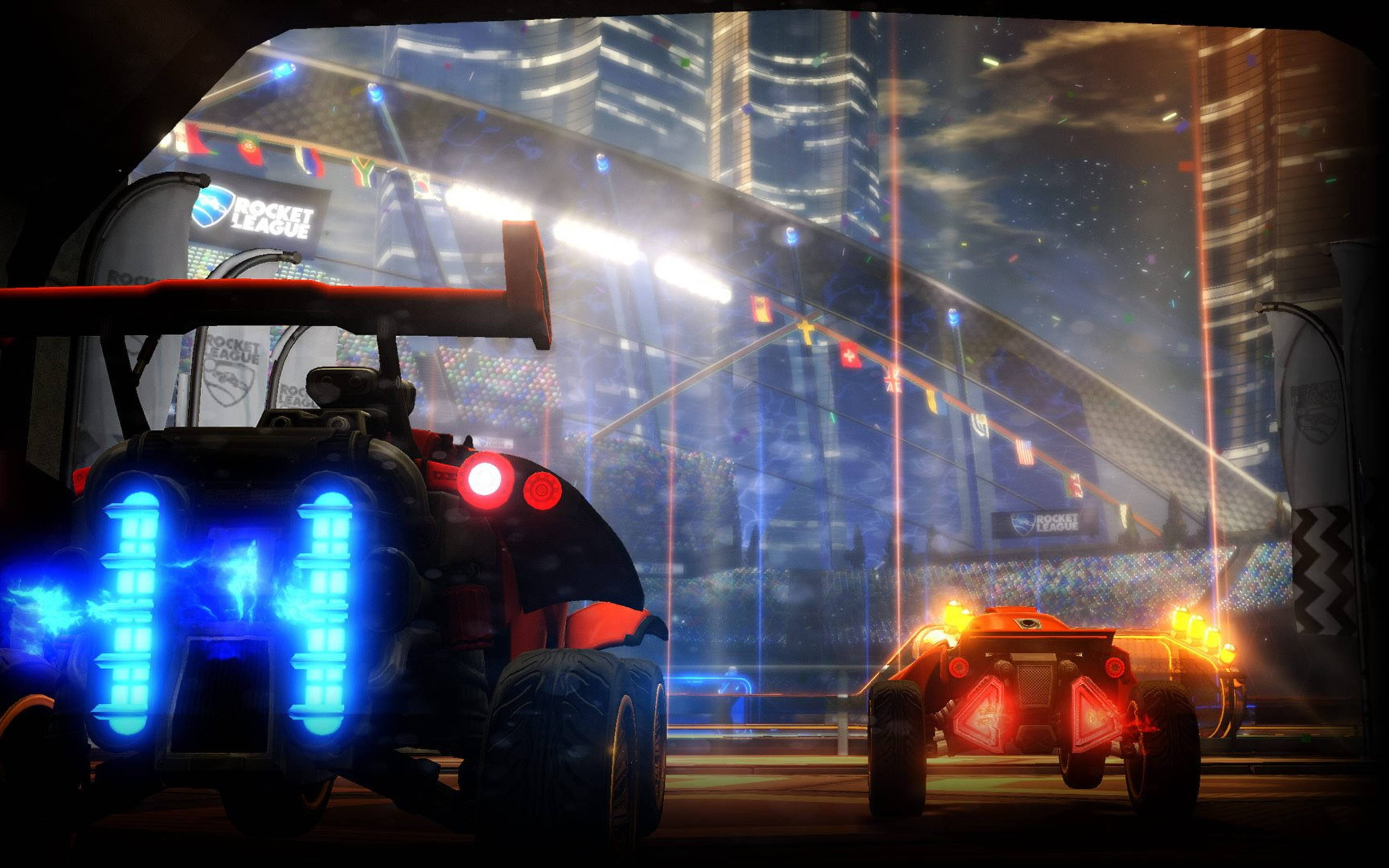 Rocket League, neon-lit urban stadium, glowing blue and red lights, 2K Desktop Wallpaper