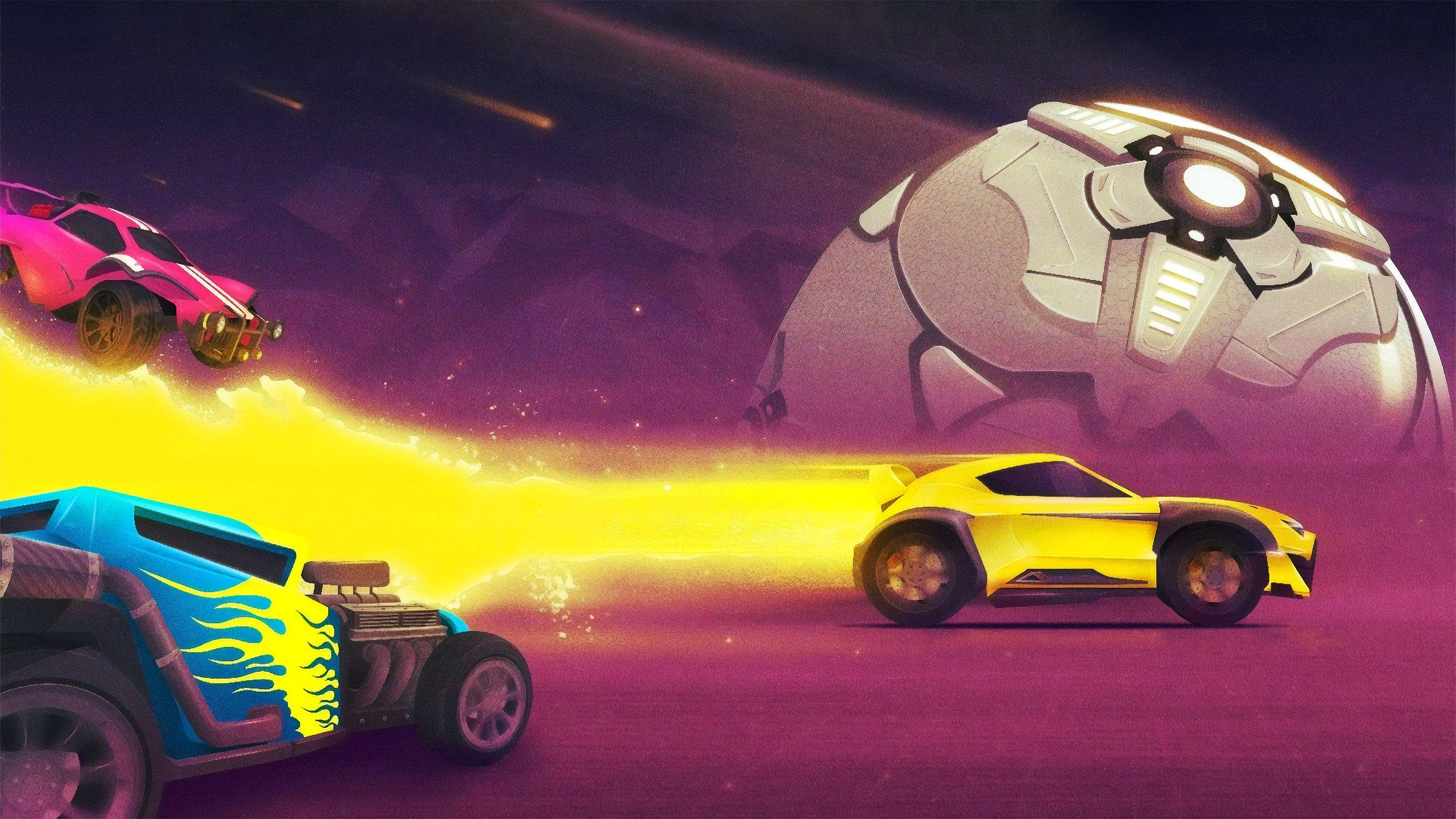 Rocket League, purple alien landscape, vibrant cartoon cars, 4K Desktop Wallpaper