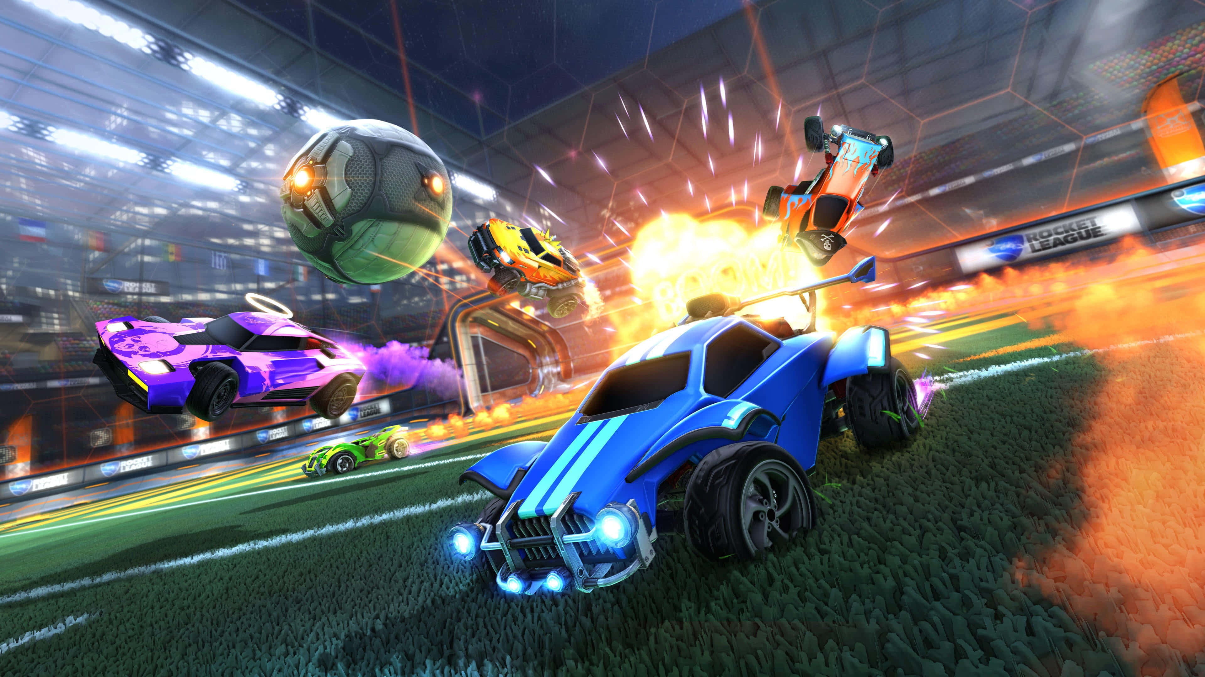 Rocket League, neon-lit stadium, giant soccer ball, 4K Desktop Wallpaper