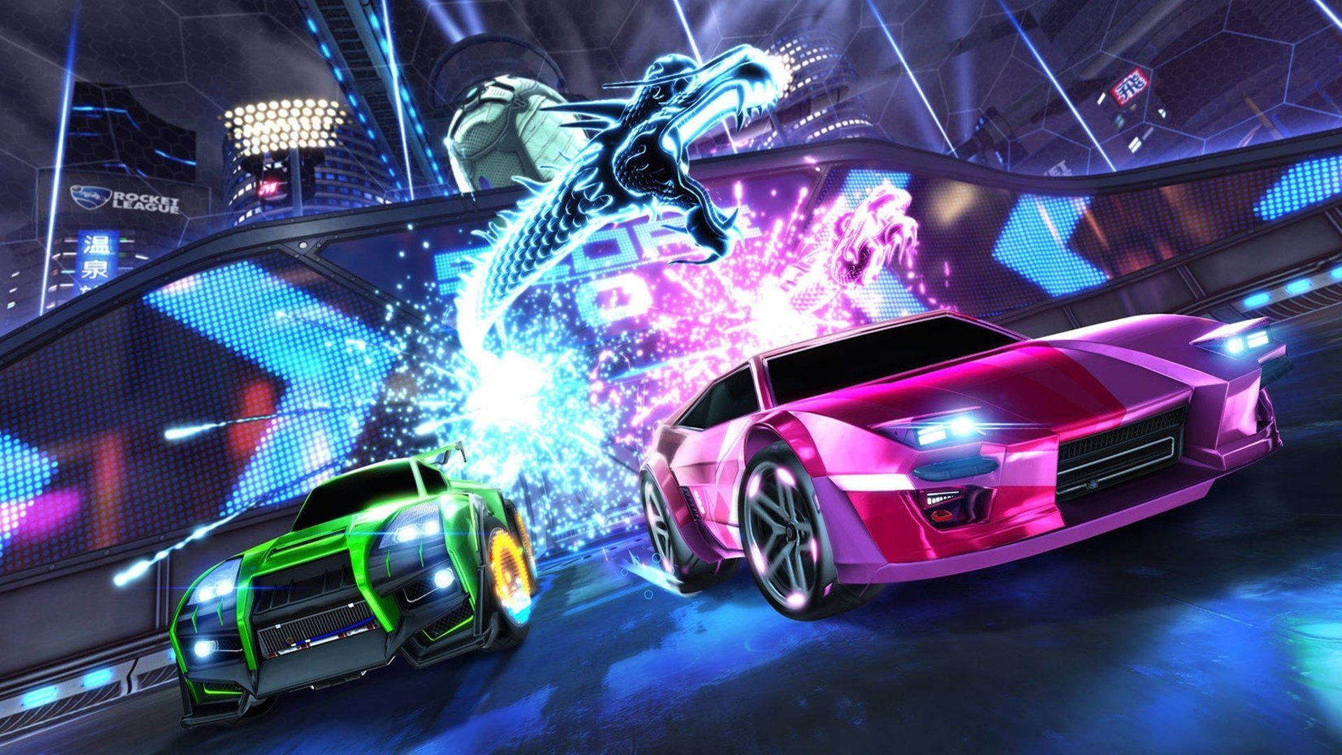 Rocket League, neon-lit futuristic cars, glowing track, Full HD Desktop Wallpaper