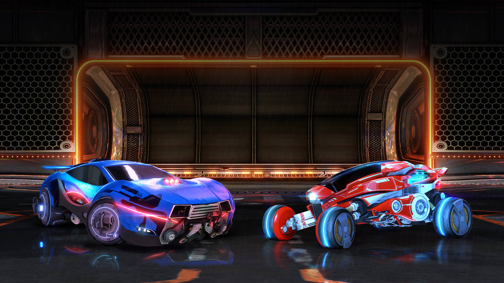 Rocket League, neon lights, blue and red glow, Full HD Desktop Wallpaper