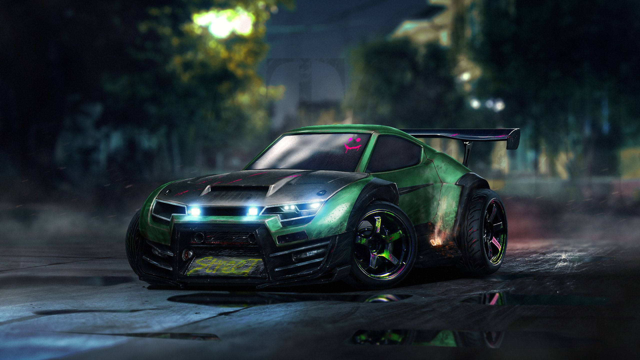 Rocket League, neon green drift car, glowing headlights, 2K Desktop Wallpaper