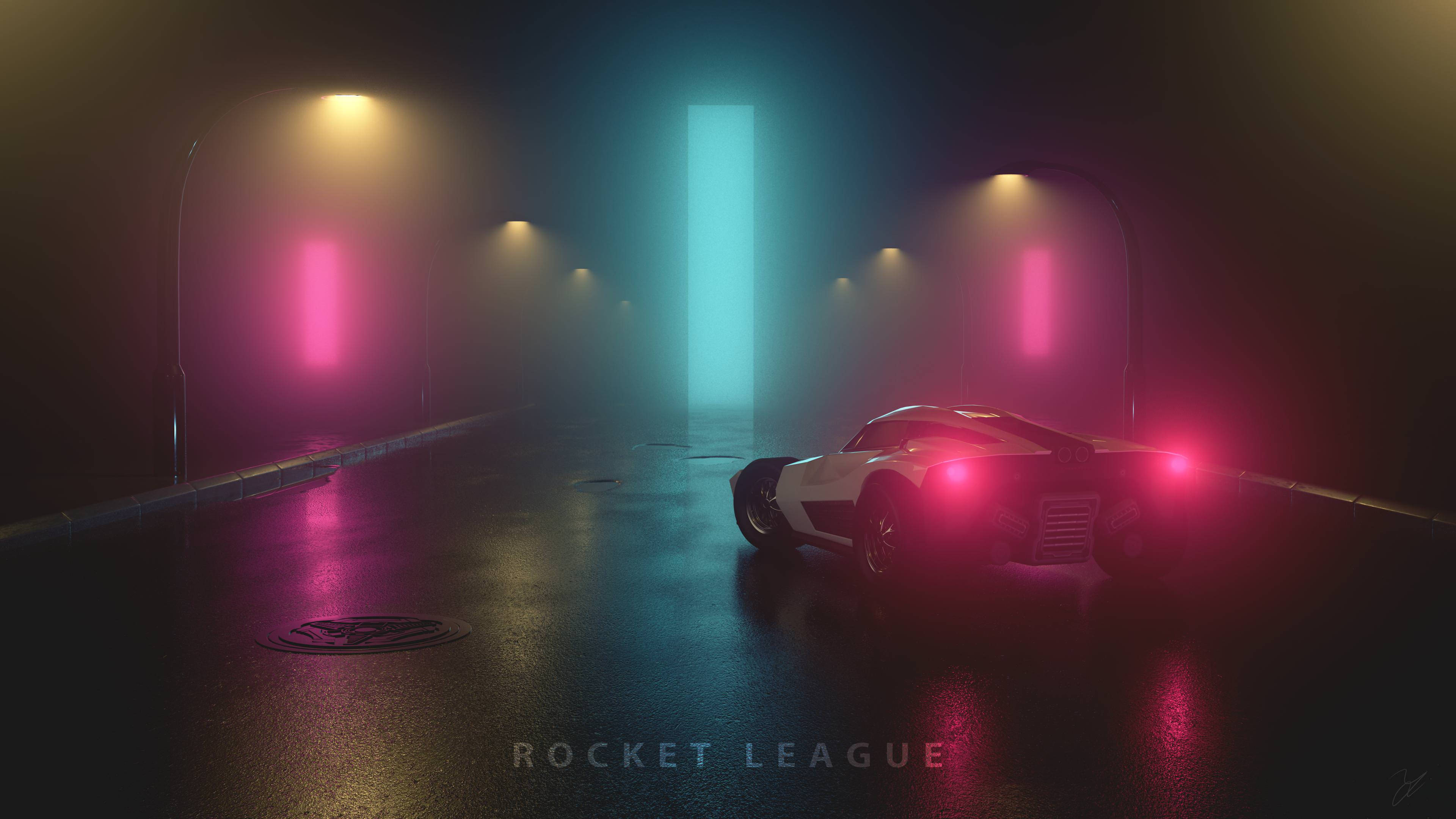 Rocket League, sleek white sports car, red taillights, 4K Desktop Wallpaper