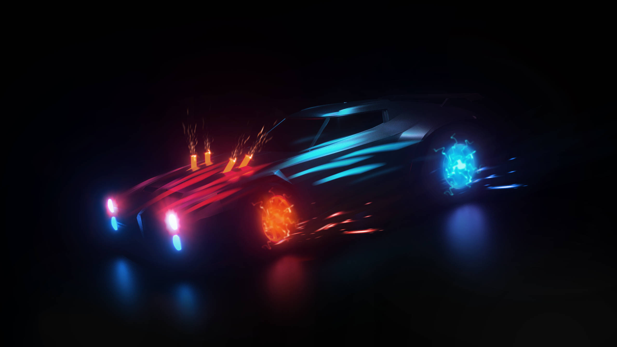 Rocket League, neon art car, fiery orange, 2K Desktop Wallpaper