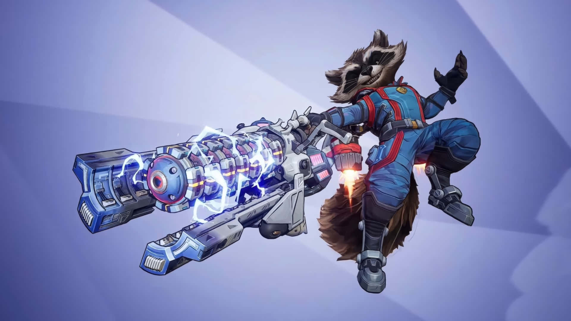 Rocket Raccoon, blue and red suit, glowing blue energy weapon, Full HD Desktop Wallpaper
