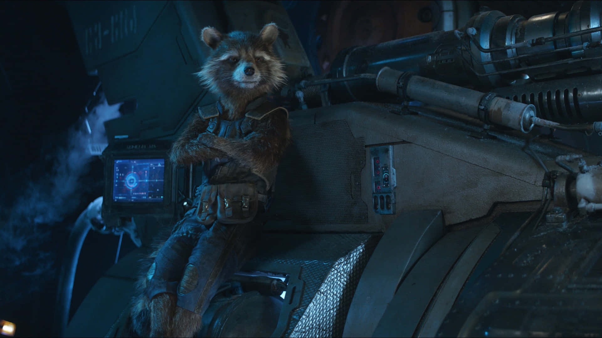 Rocket Raccoon, spaceship's cockpit, worn vest, Full HD Desktop Wallpaper