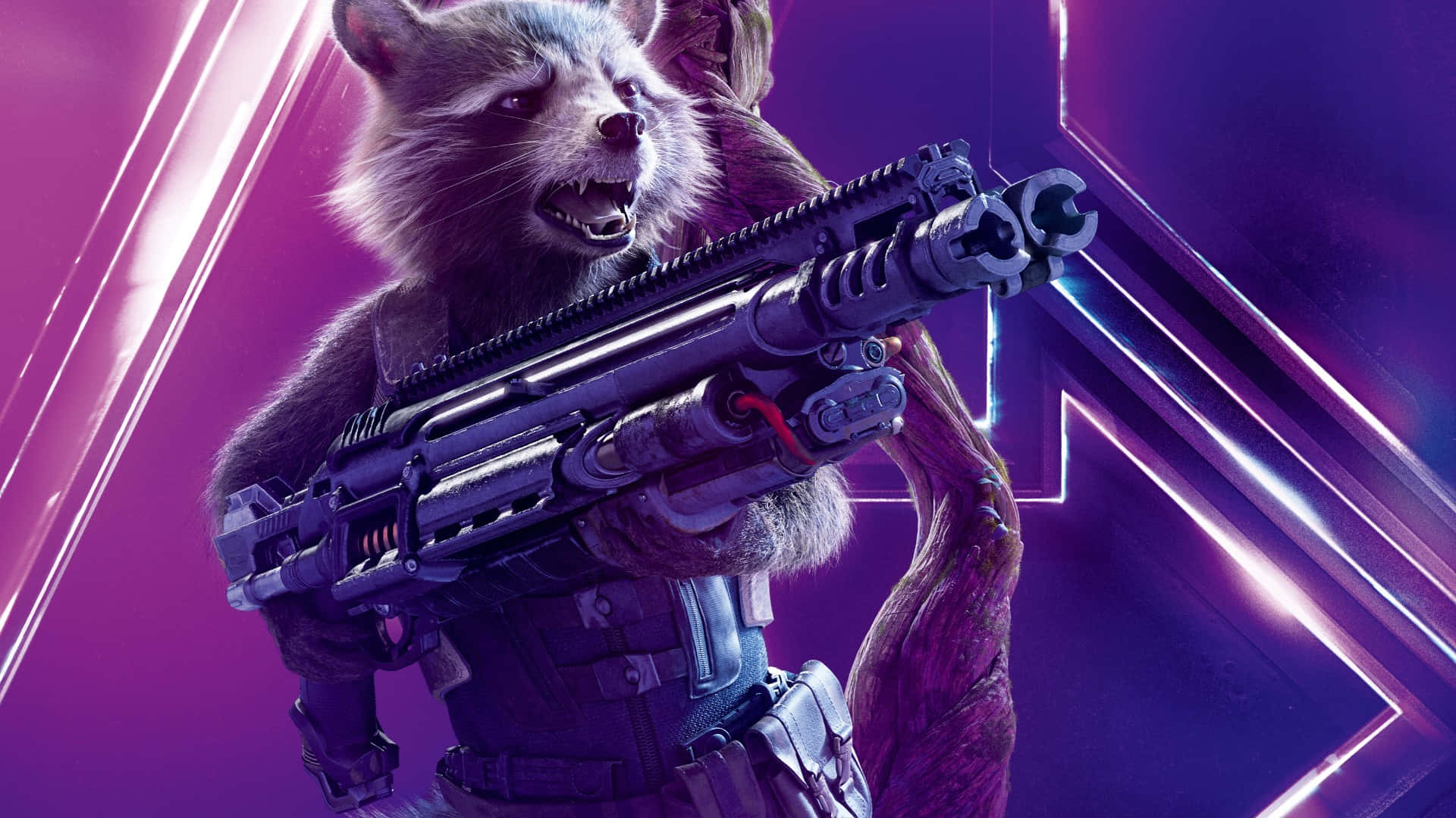 Rocket Raccoon, heavy futuristic rifle, glowing purple and pink neon backdrop, Full HD Desktop Wallpaper