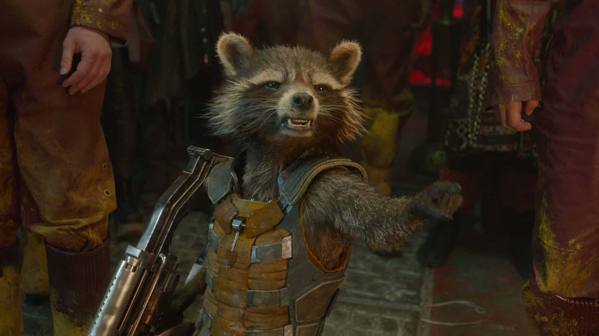 Rocket Raccoon, worn brown and gray armored vest, futuristic weapon, Full HD Desktop Wallpaper