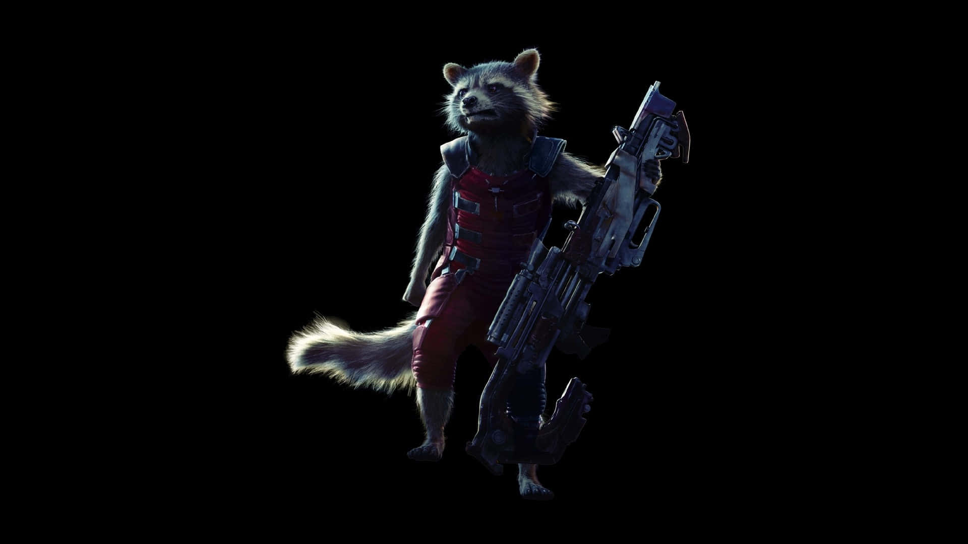 Rocket Raccoon, red armor, large futuristic weapon, Full HD Desktop Wallpaper
