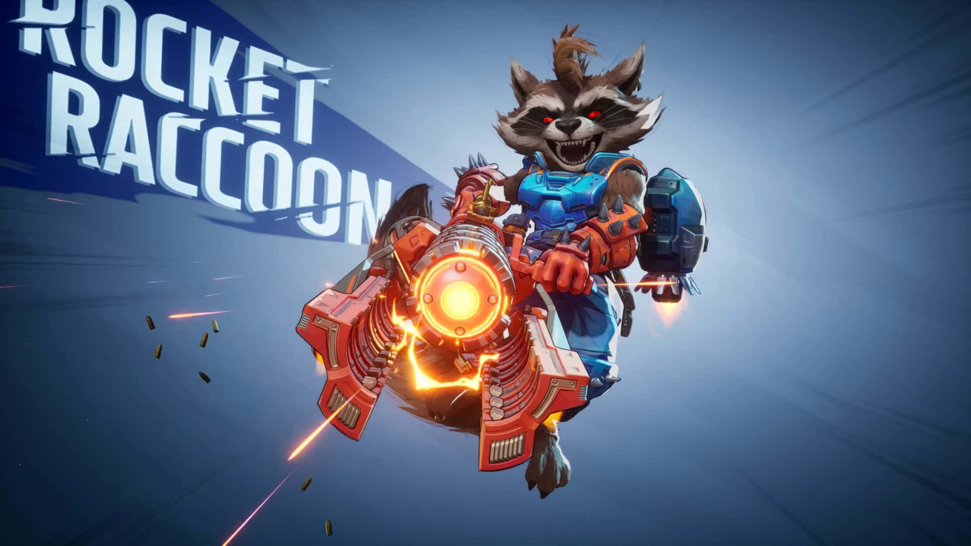 Rocket Raccoon, blue armor, glowing orange weapon, Full HD Desktop Wallpaper