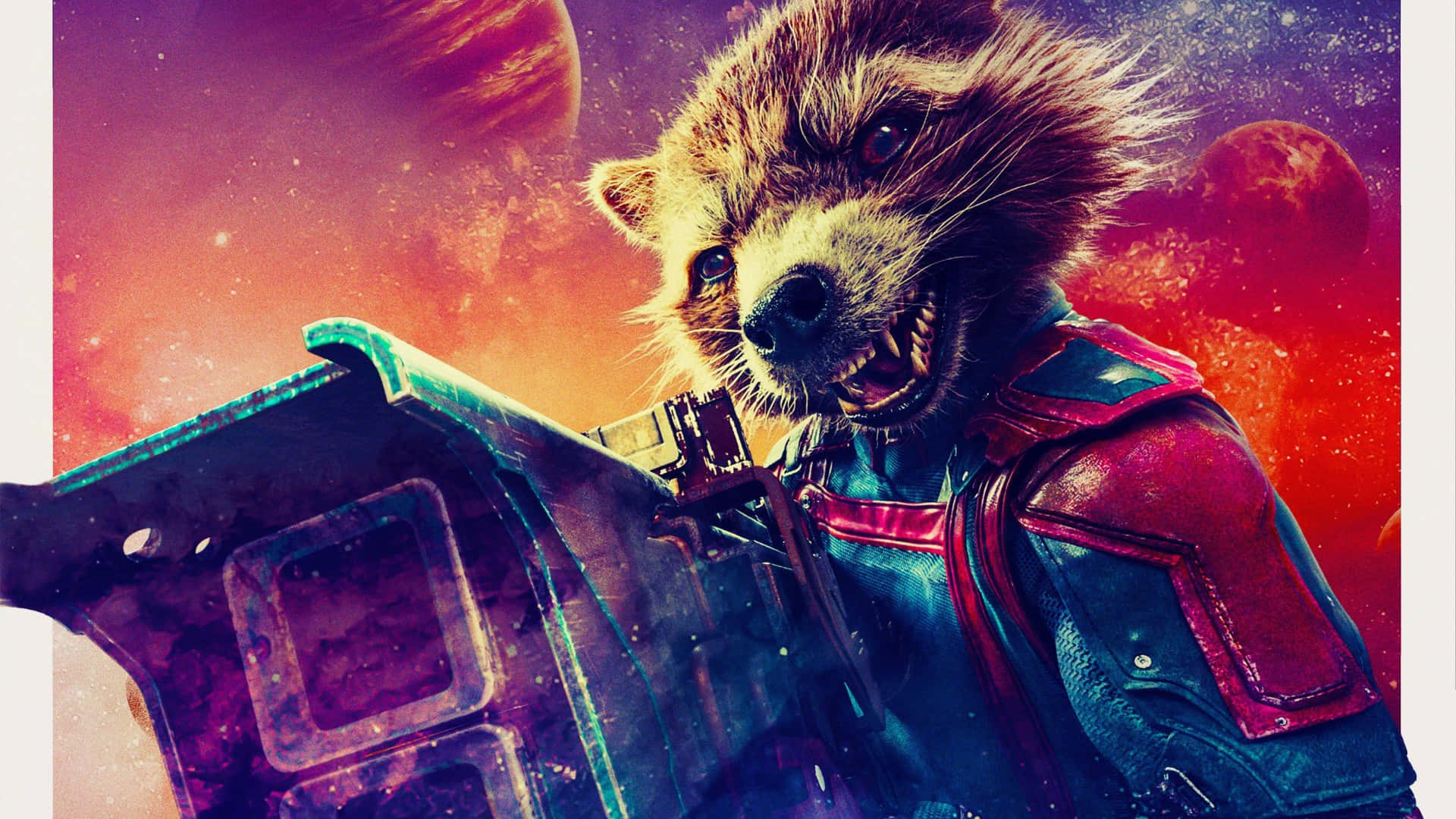 Rocket Raccoon, red and blue armored vest, futuristic weapon, Full HD Desktop Wallpaper