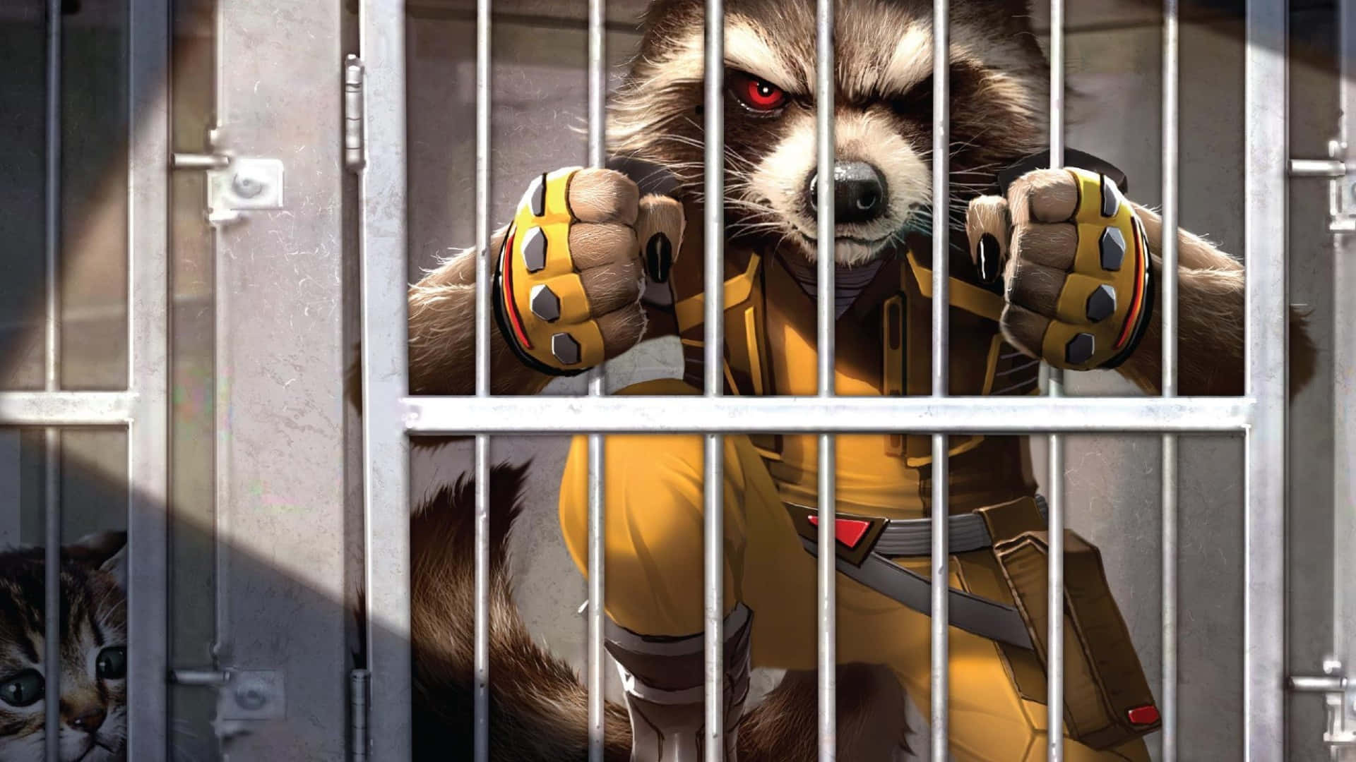 Rocket Raccoon, yellow suit, metal bars, Full HD Desktop Wallpaper