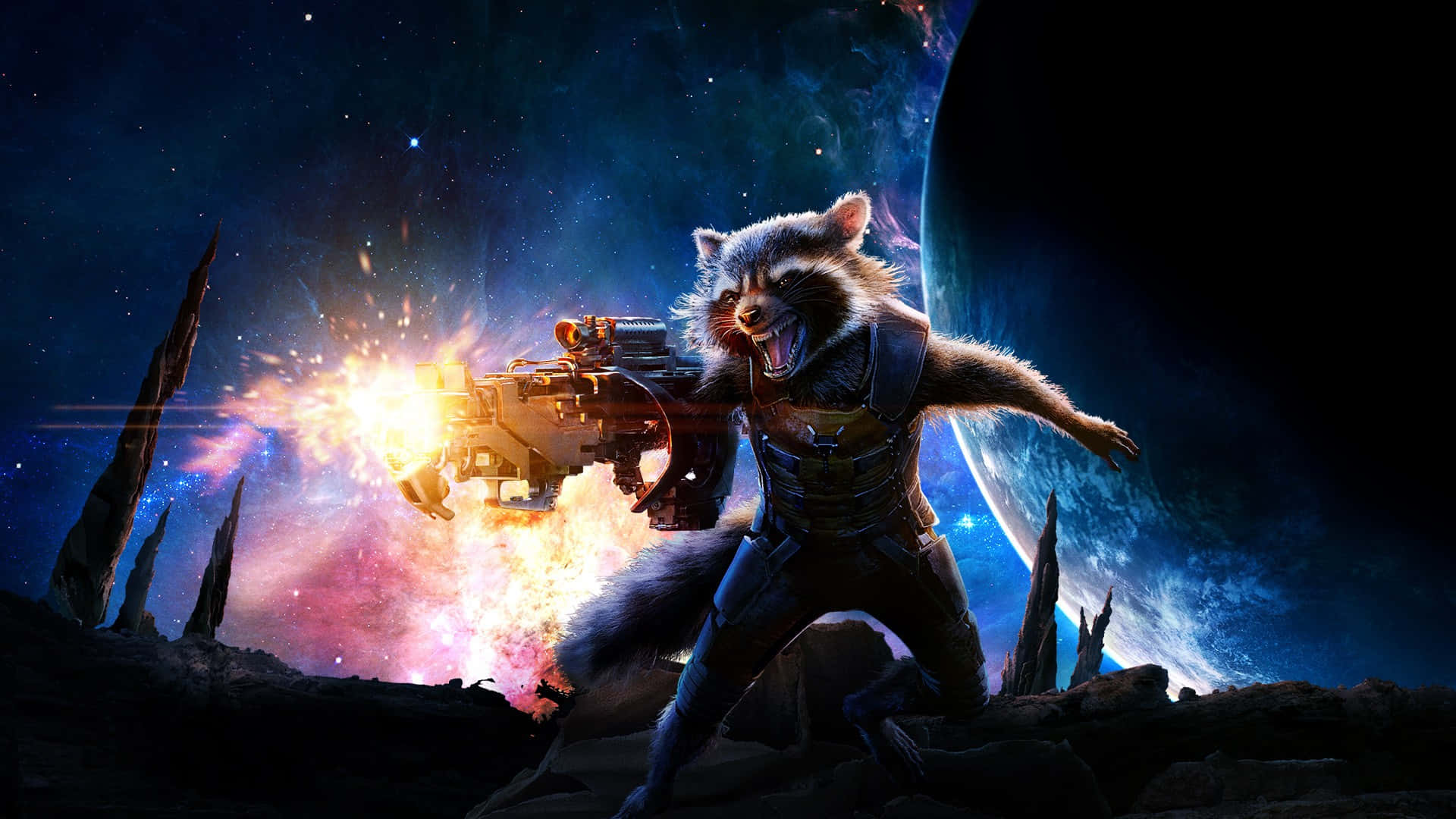 Rocket Raccoon, blaster, rocky alien planet, Full HD Desktop Wallpaper