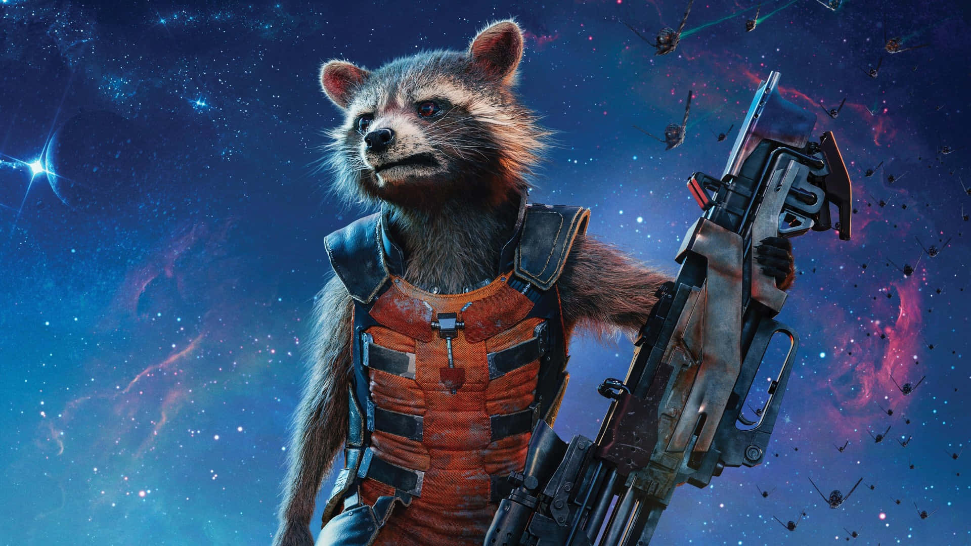 Rocket Raccoon, orange vest, large gun, Full HD Desktop Wallpaper