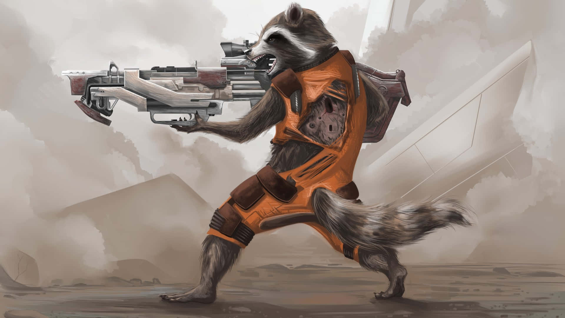 Rocket Raccoon, orange jumpsuit, futuristic rifle, Full HD Desktop Wallpaper