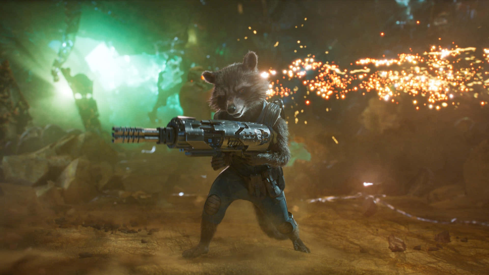 Rocket Raccoon, heavy blaster, fiery alien jungle, Full HD Desktop Wallpaper