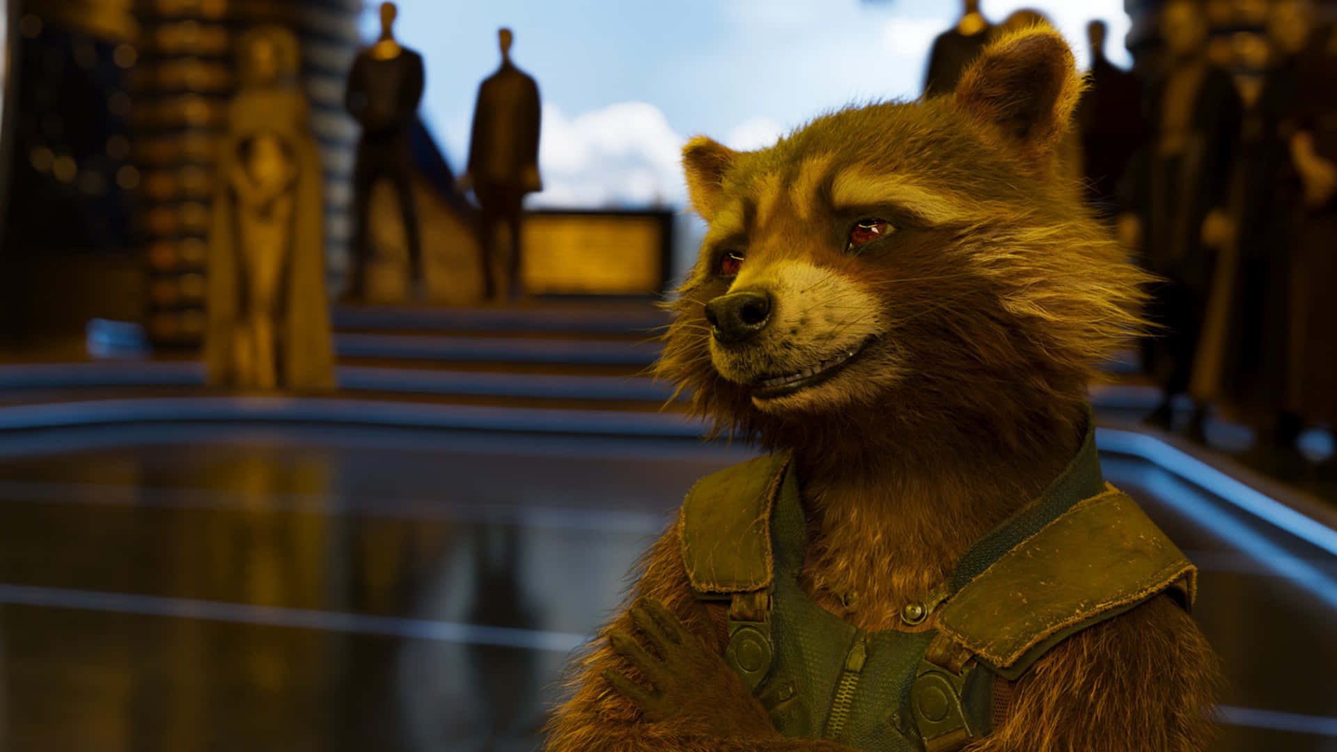 Rocket Raccoon, red eyes, green vest, Full HD Desktop Wallpaper
