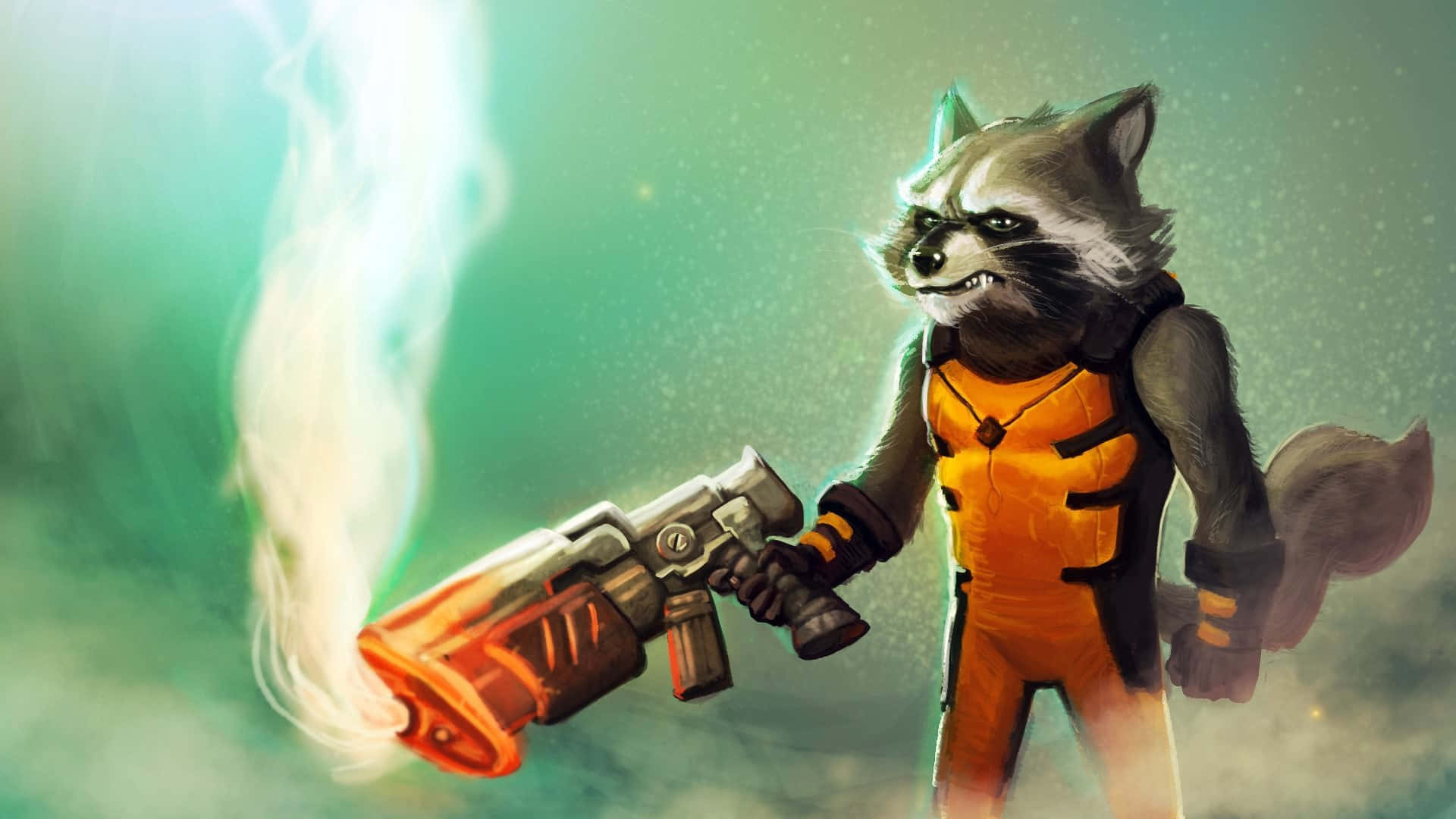 Rocket Raccoon, orange jumpsuit, glowing orange weapon, Full HD Desktop Wallpaper