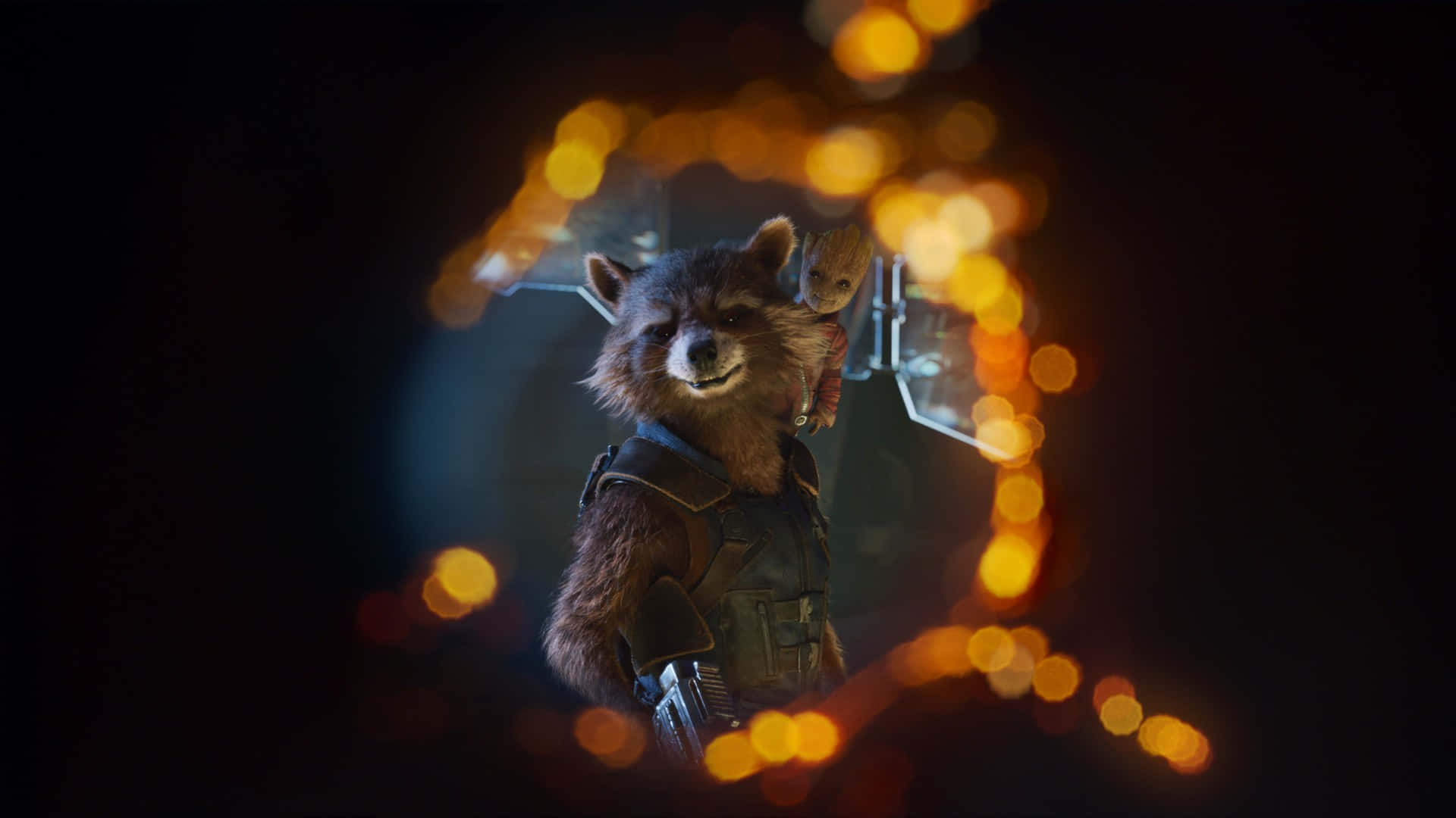 Rocket Raccoon, dark futuristic vest, glowing orange bokeh lights, Full HD Desktop Wallpaper
