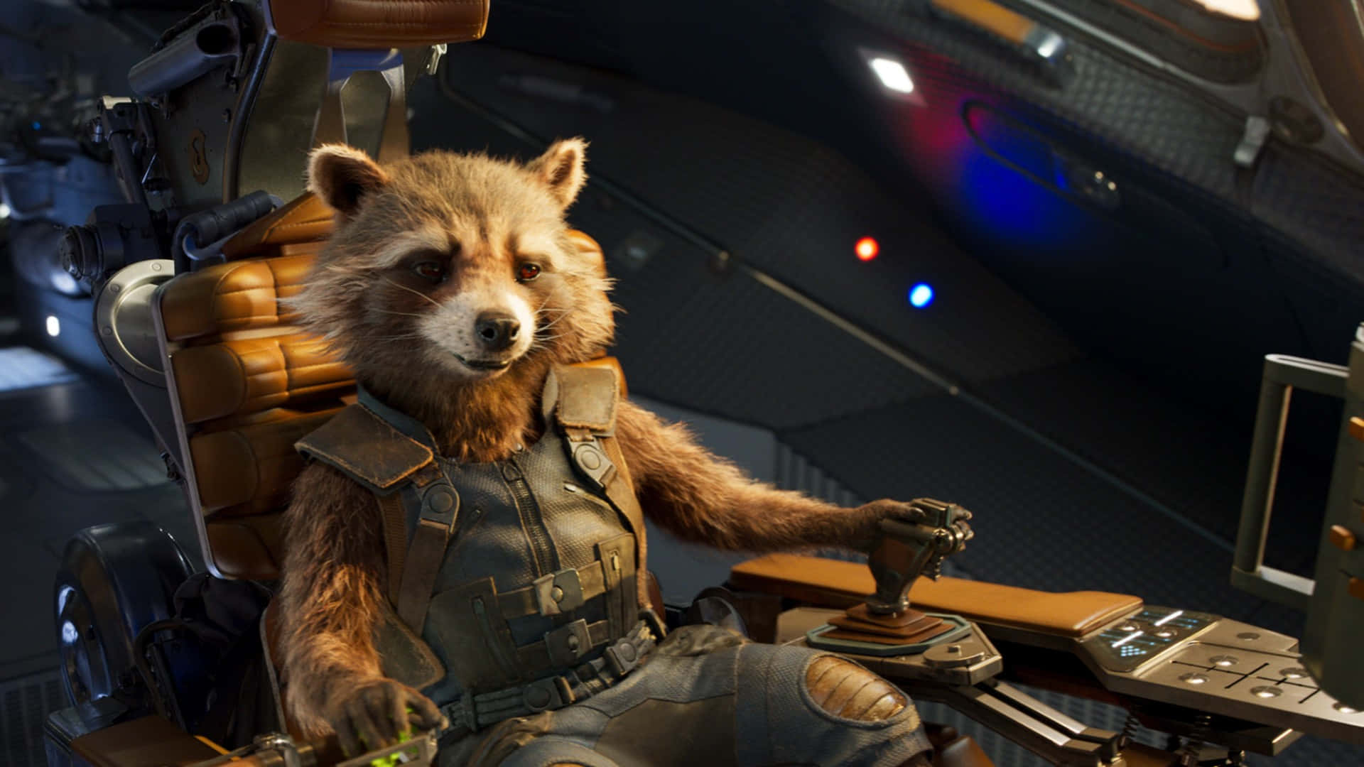 Rocket Raccoon, spaceship cockpit, leather vest, Full HD Desktop Wallpaper