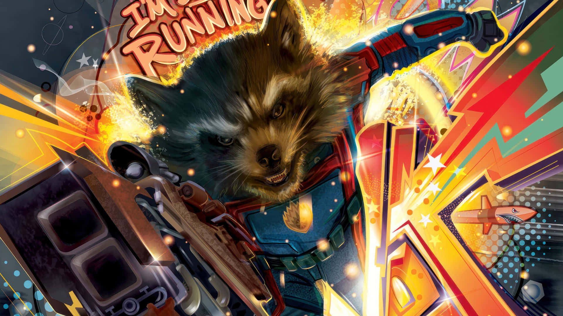 Rocket Raccoon, comic pose, weapons, Full HD Desktop Wallpaper