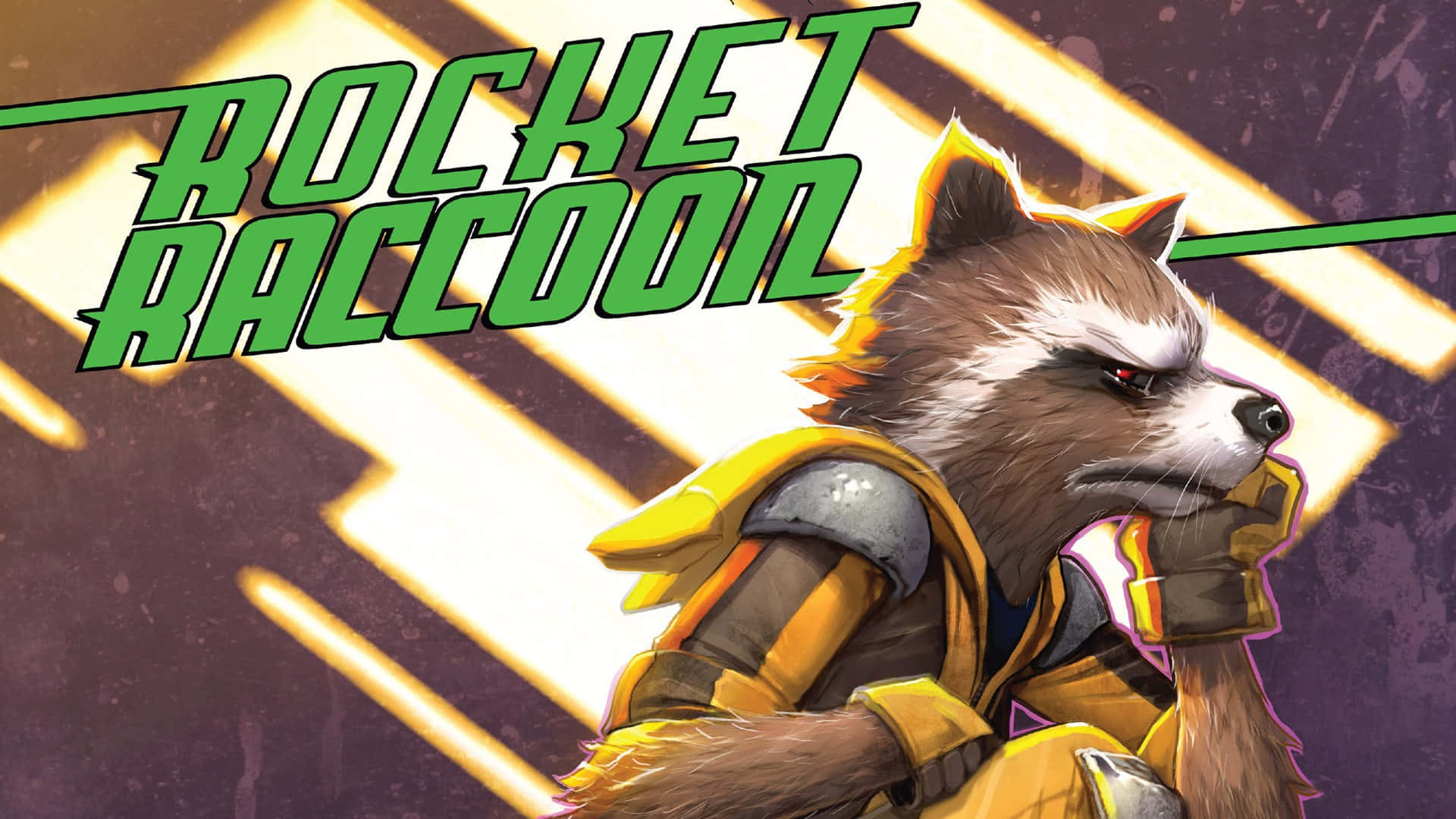 Rocket Raccoon, yellow armor, glowing striped background, Full HD Desktop Wallpaper