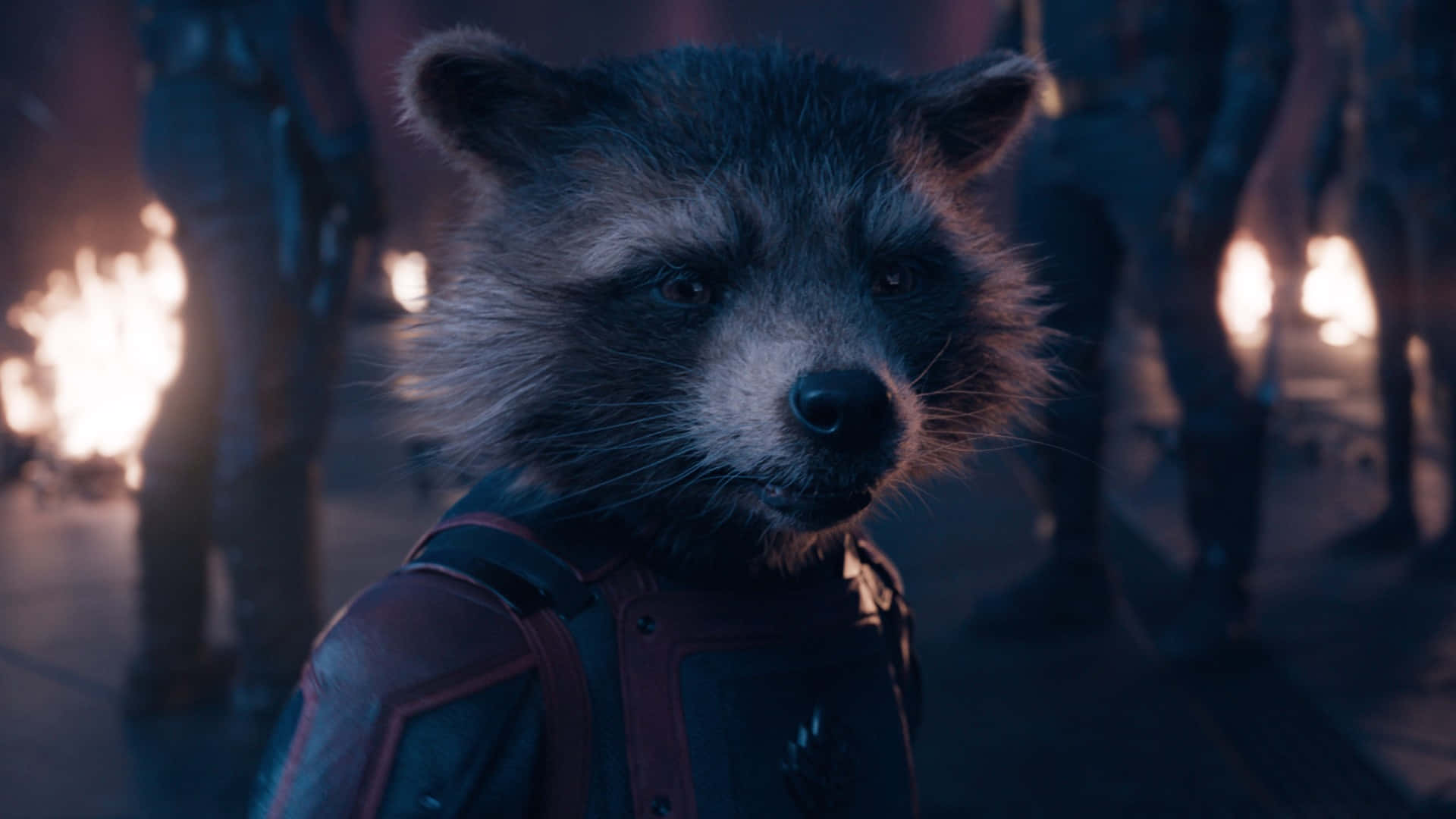 Rocket Raccoon, glowing flames, dimly lit scene, Full HD Desktop Wallpaper