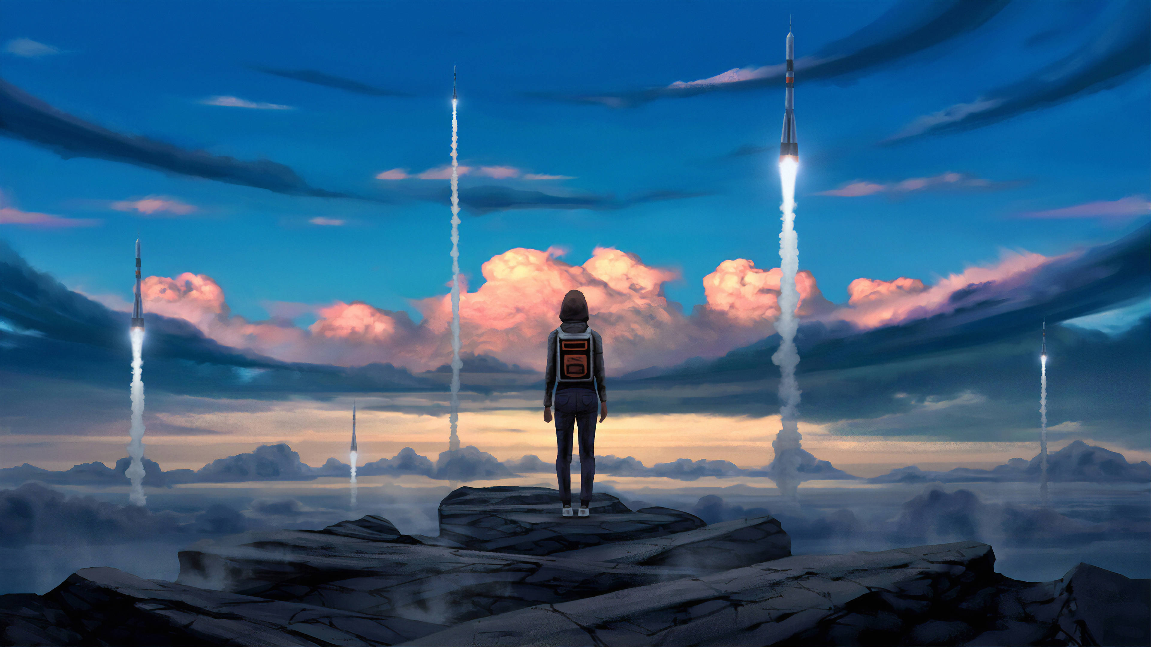 Rocket Launching Digital Art, twilight sky, pink and blue clouds, 4K Desktop Wallpaper