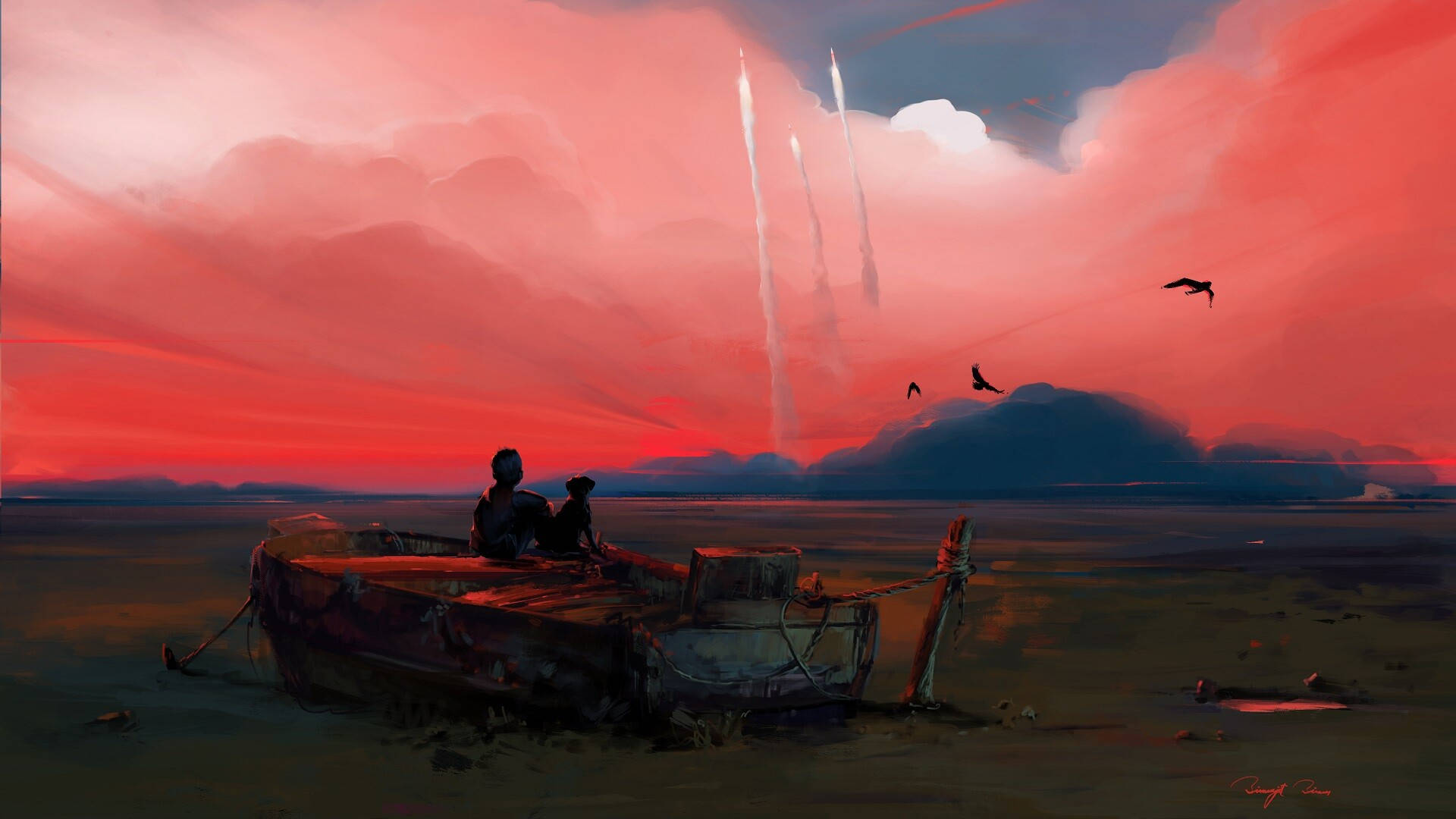 rocket trails, fiery red sunset, weathered boat, Full HD Desktop Wallpaper
