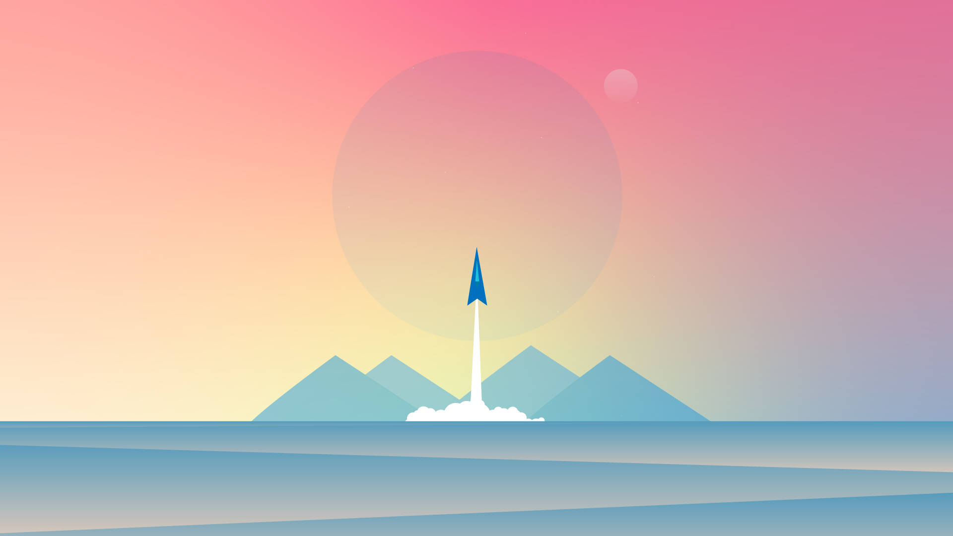 blue rocket, coastal plain, pastel pink and yellow sunset sky, Full HD Desktop Wallpaper