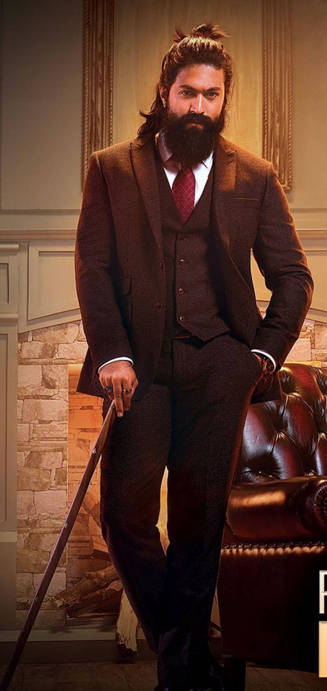 Rocking Star Yash, brown three-piece suit, fireplace, Full HD Phone Wallpaper