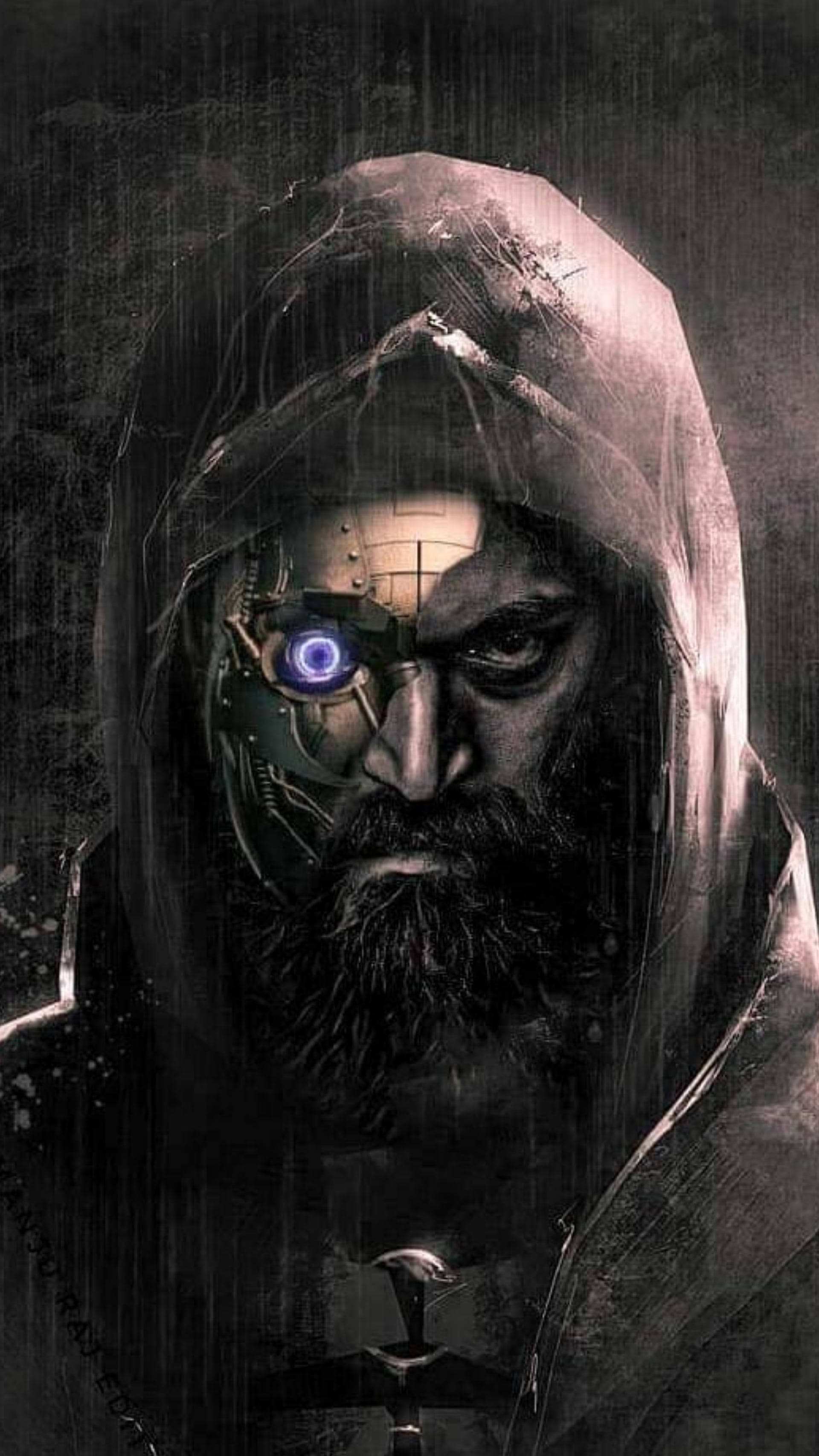 Rocking Star Yash, hooded cybernetic warrior, glowing blue eye, 2K Phone Wallpaper