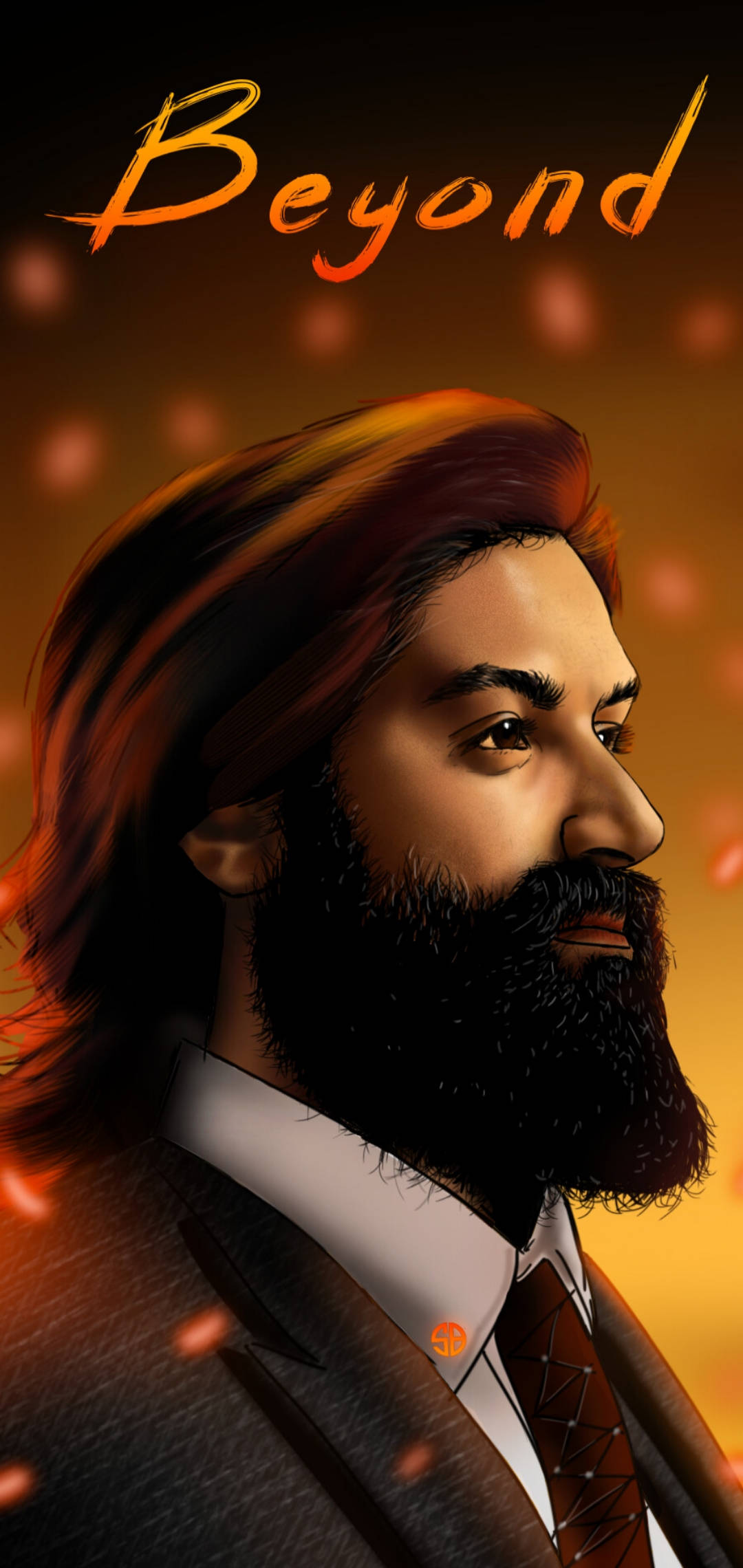 Rocking Star Yash, fiery orange lighting, floating particles, Full HD Phone Wallpaper