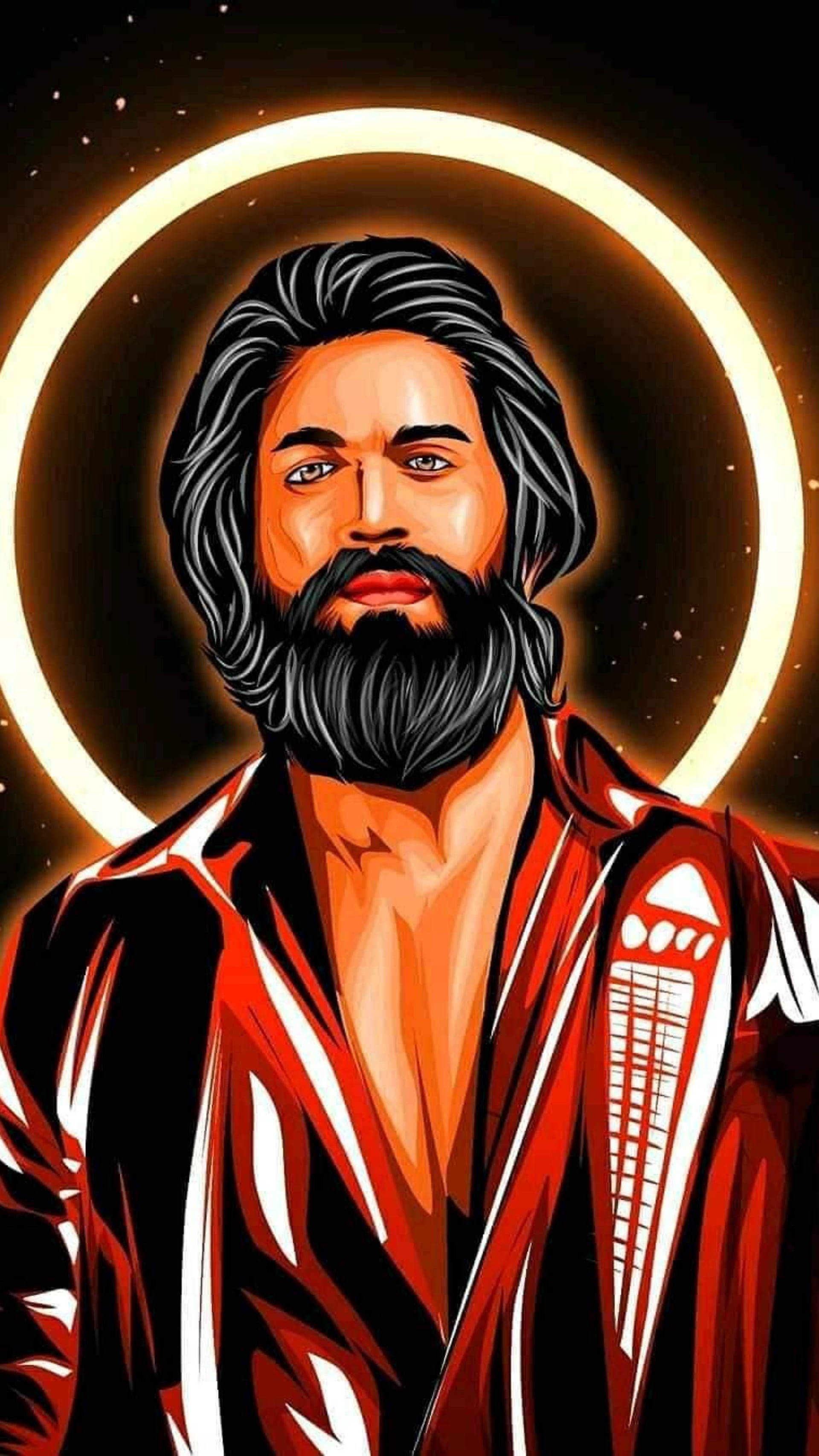 Rocking Star Yash, red and black outfit, glowing halo, 2K Phone Wallpaper