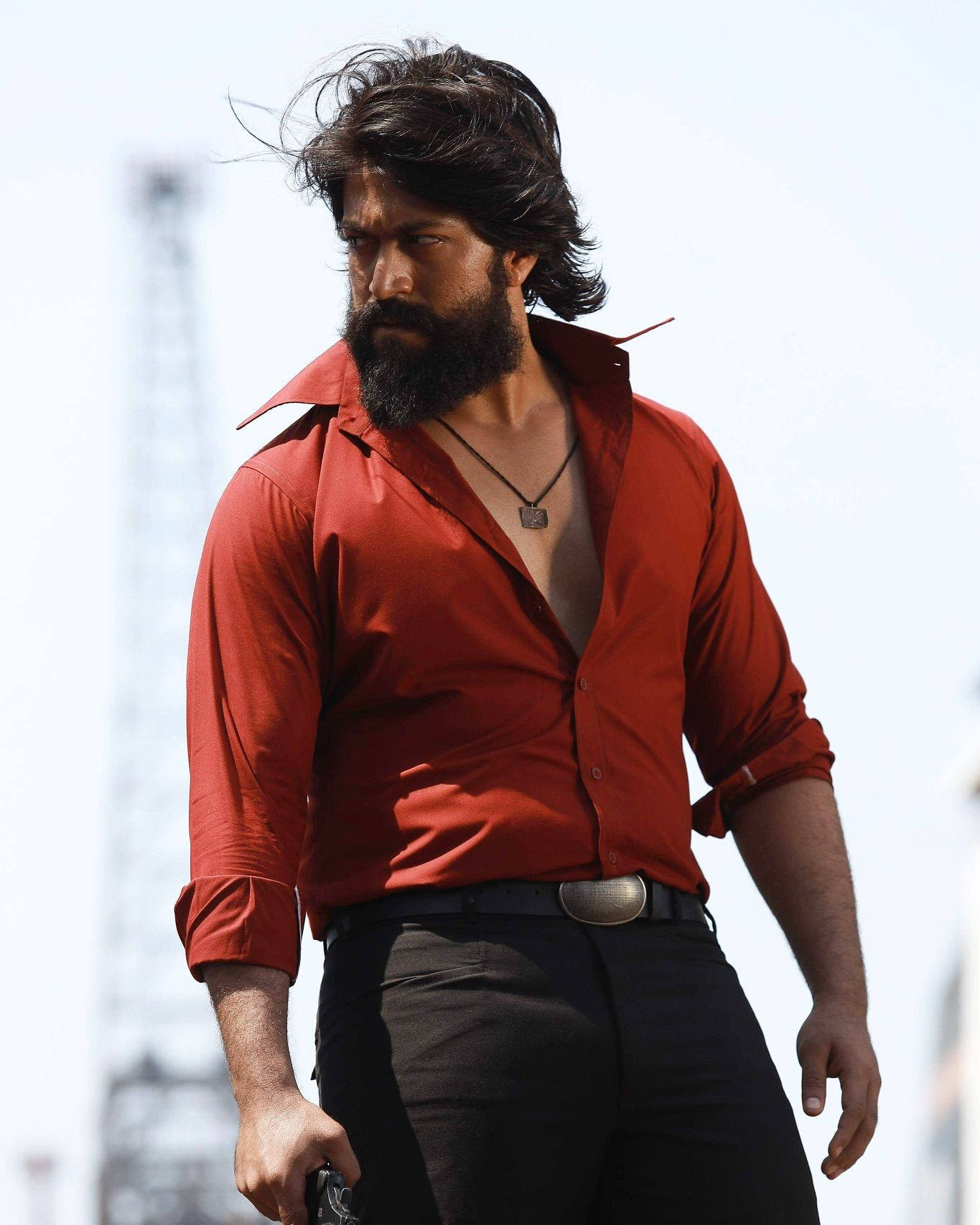 Rocking Star Yash, red shirt, bearded man, HD Phone Wallpaper
